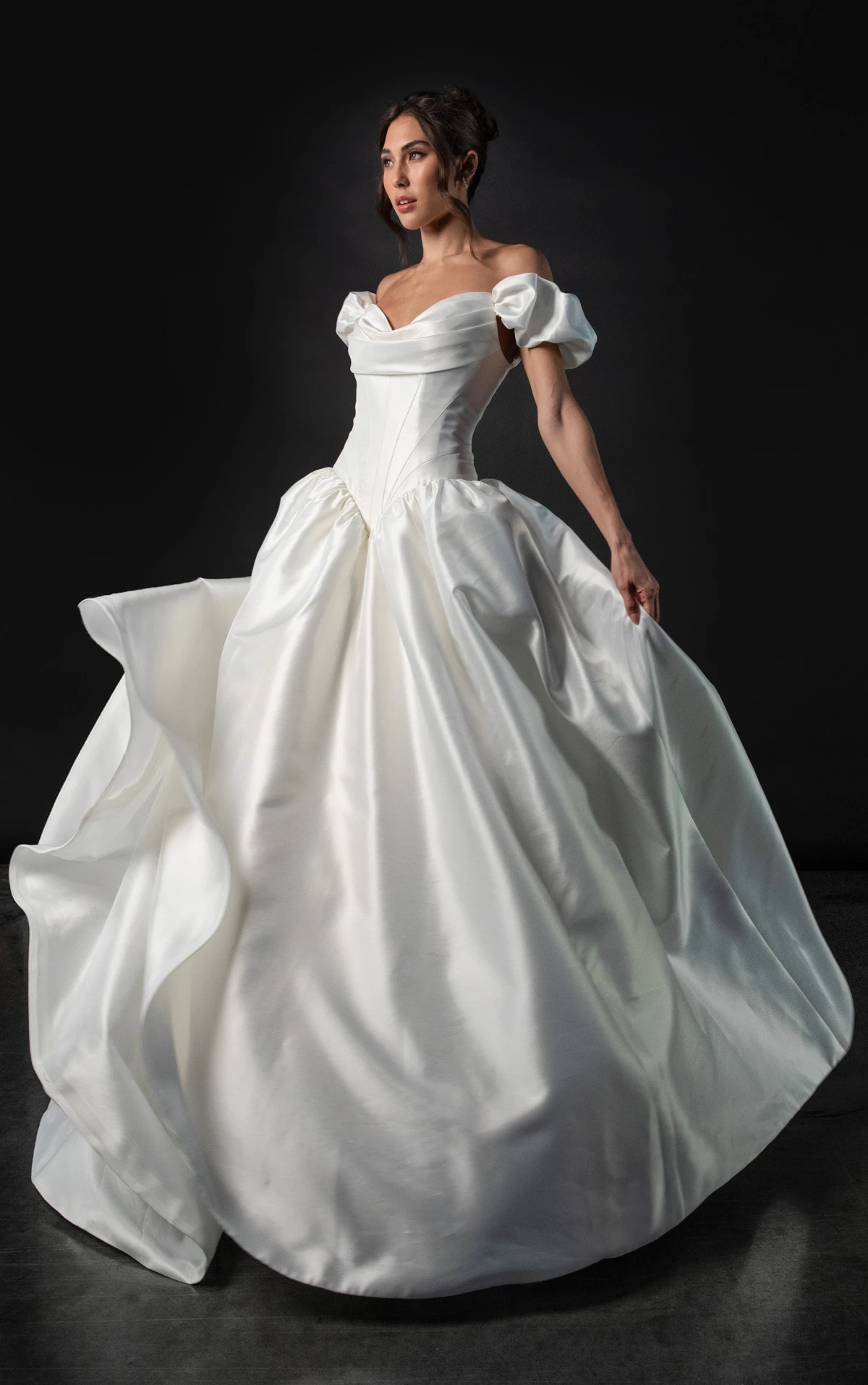 Off-the-Shoulder Satin Organdy Ballgown Wedding Gown with Puff Sleeves, ML2059, byMartina Liana