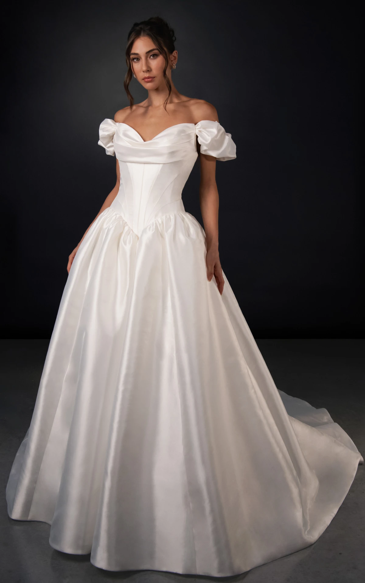 ml2059 Off-the-Shoulder Satin Organdy Ballgown Wedding Gown with Puff Sleeves  by Martina Liana