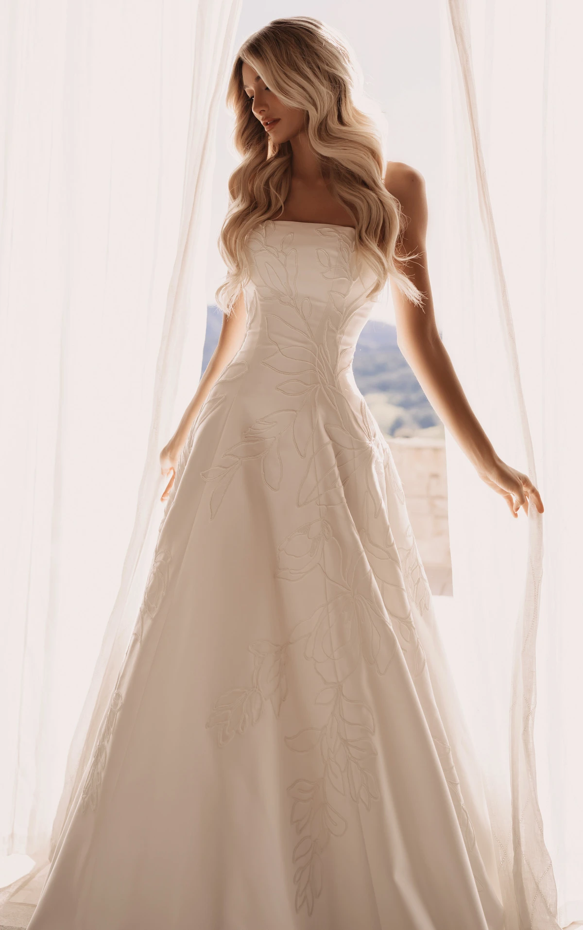 Strapless Brushed Mikado A-Line Wedding Gown with Large Floral Detailing, ML2062, byMartina Liana