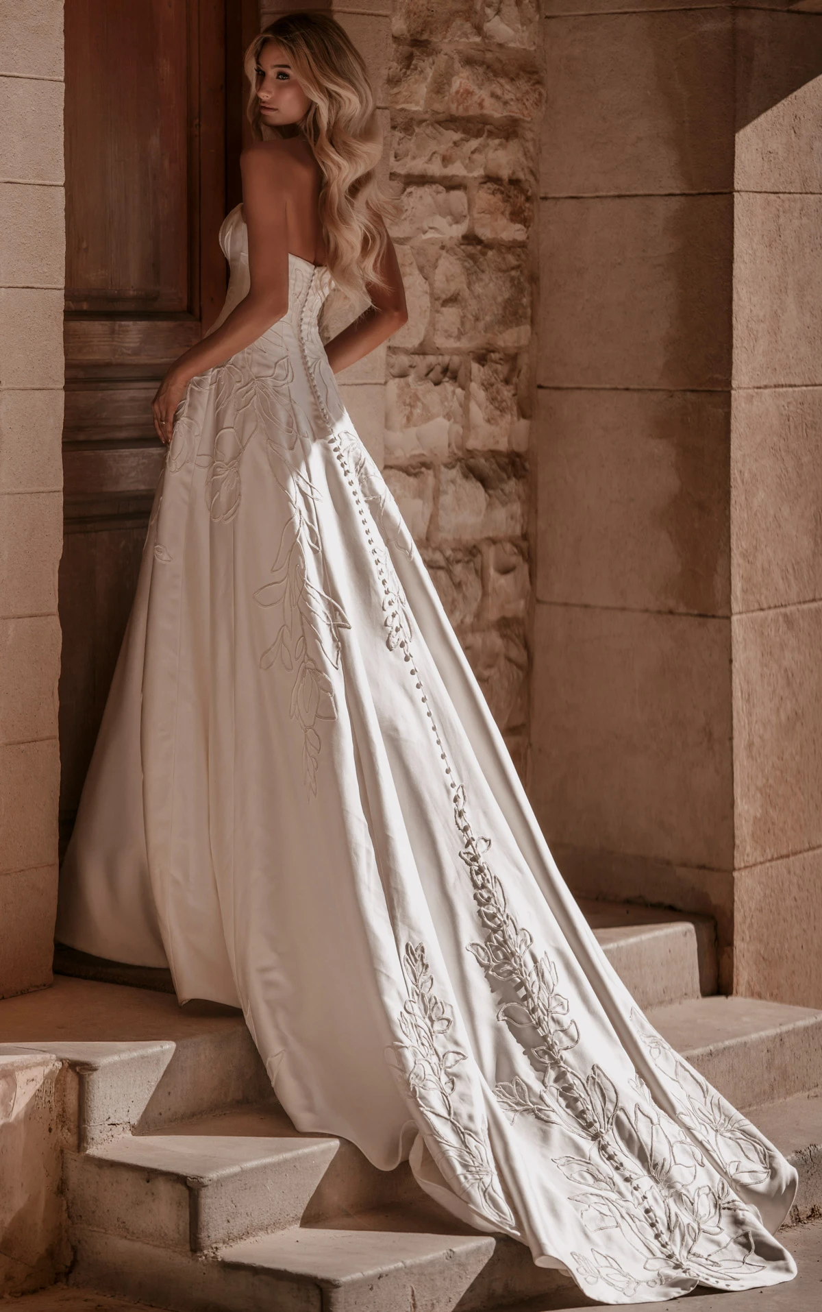 ml2062 Strapless Brushed Mikado A-Line Wedding Gown with Large Floral Detailing  by Martina Liana