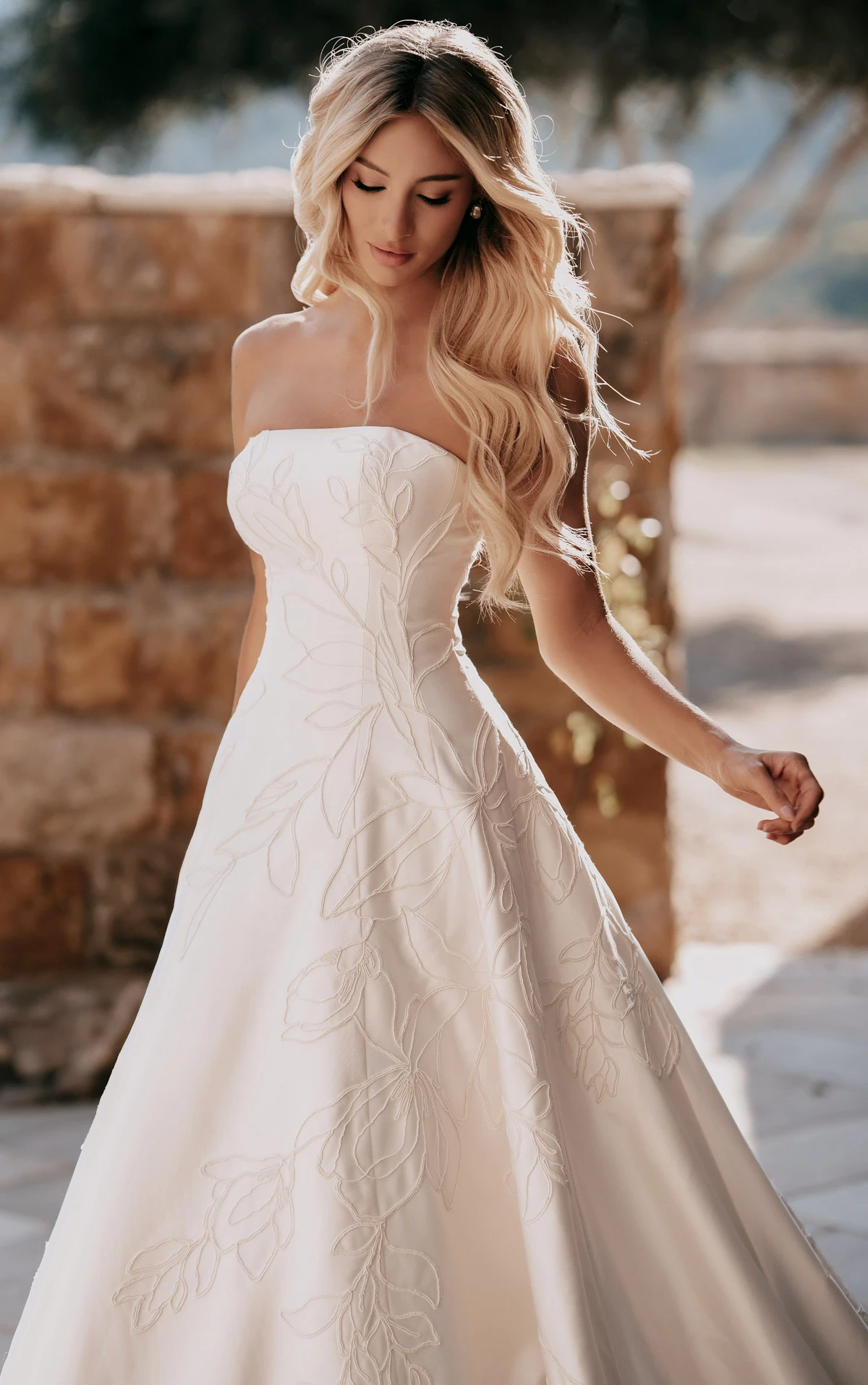 ml2062 Strapless Brushed Mikado A-Line Wedding Gown with Large Floral Detailing  by Martina Liana