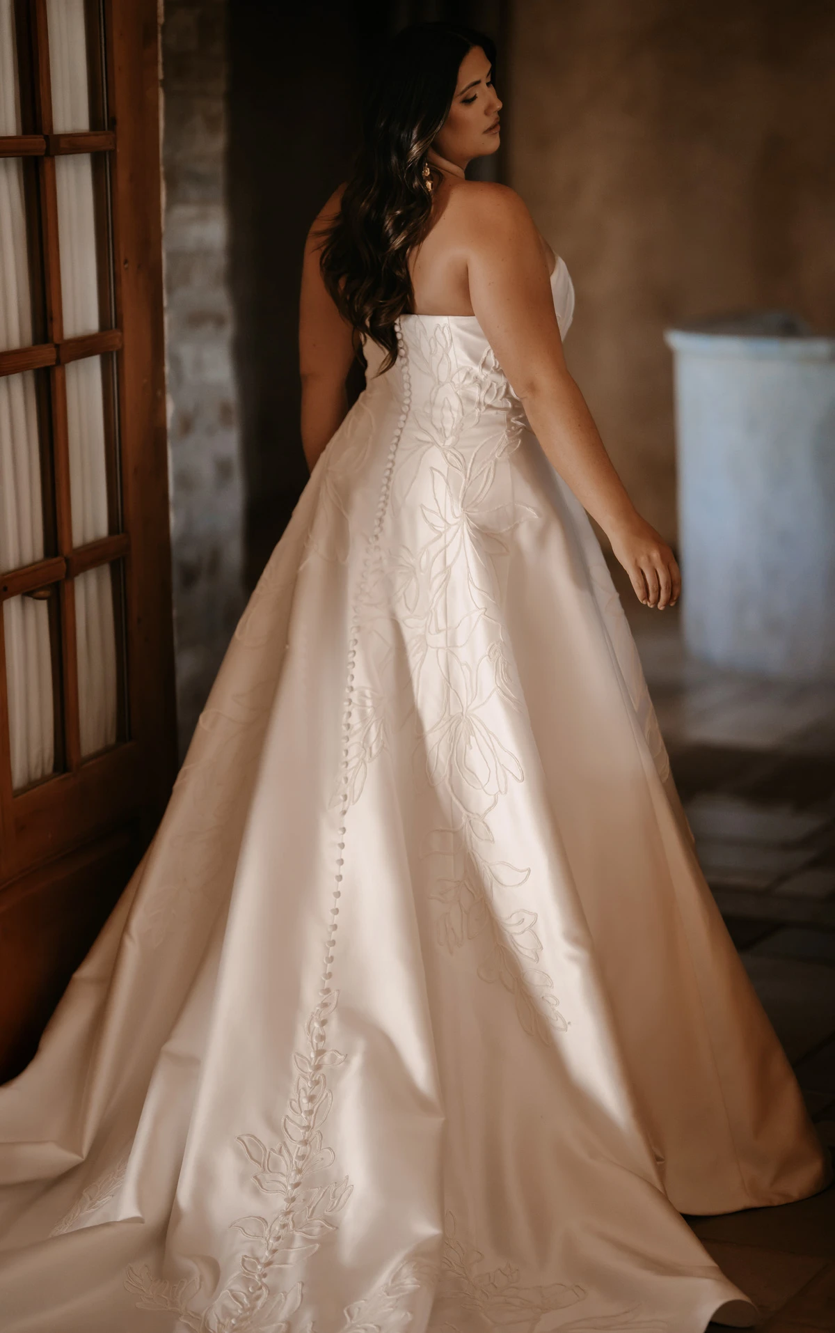 ml2062+ Plus Size Strapless Brushed Mikado A-Line Wedding Gown with Large Floral Detailing  by Martina Liana