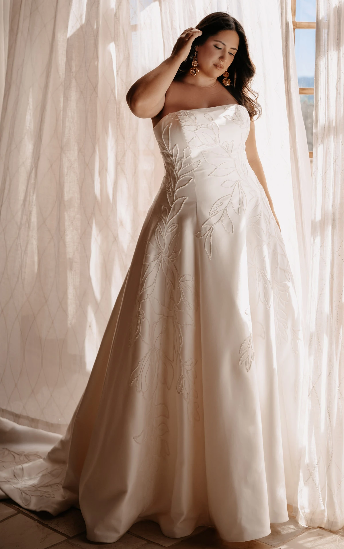 ml2062+ Plus Size Strapless Brushed Mikado A-Line Wedding Gown with Large Floral Detailing  by Martina Liana