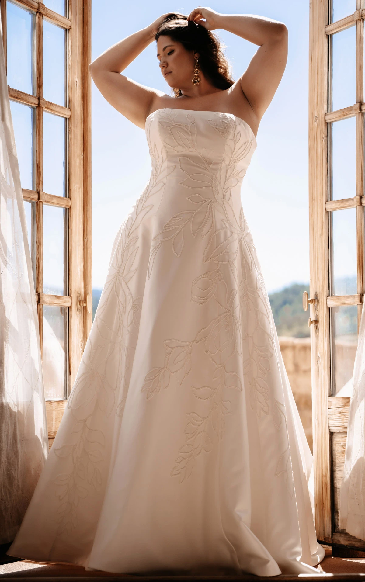 ml2062+ Plus Size Strapless Brushed Mikado A-Line Wedding Gown with Large Floral Detailing  by Martina Liana