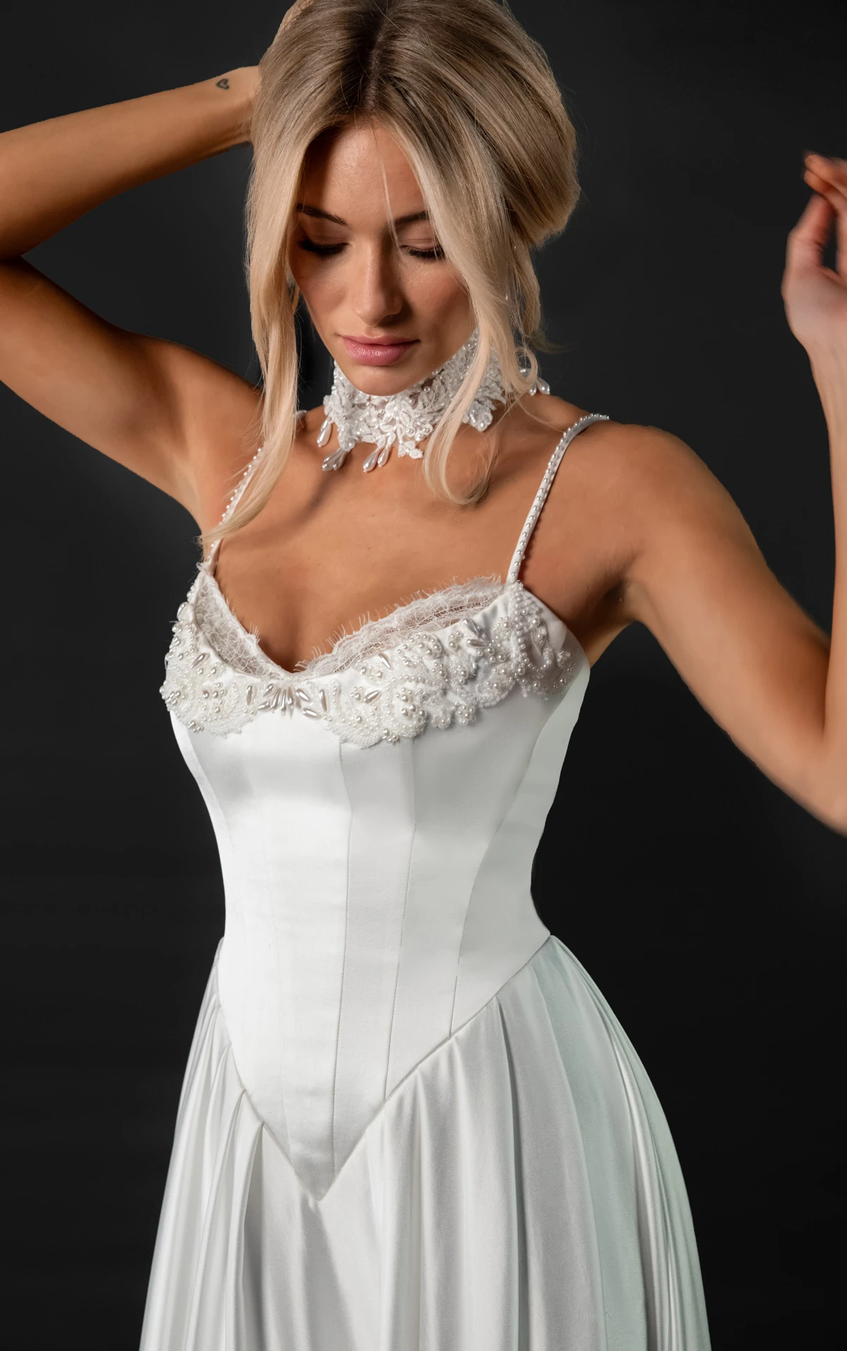 ml2063 Bustier Lace A-Line Wedding Gown with Shimmering Beaded Floral Detail  by Martina Liana