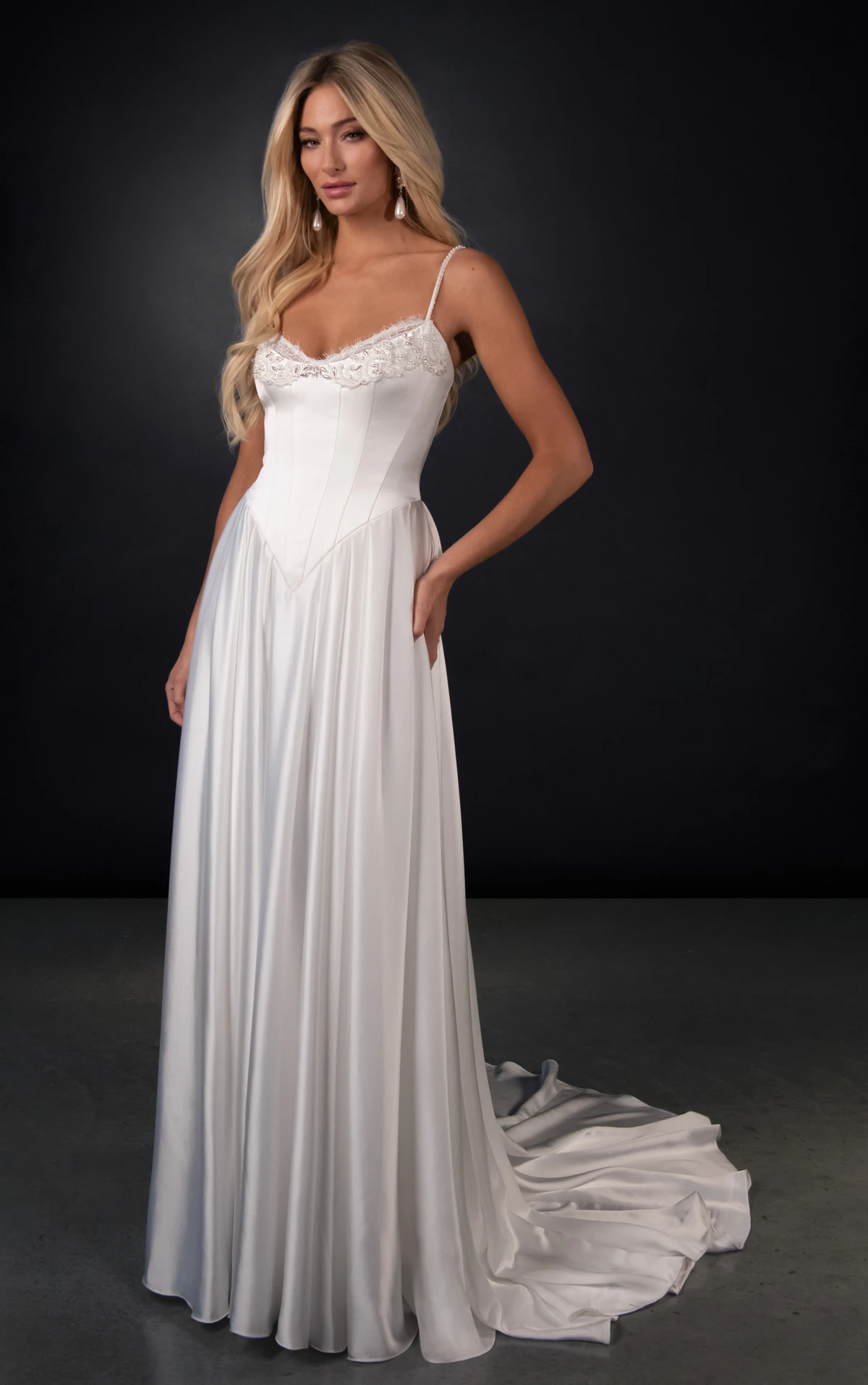 ml2063 Bustier Lace A-Line Wedding Gown with Shimmering Beaded Floral Detail  by Martina Liana