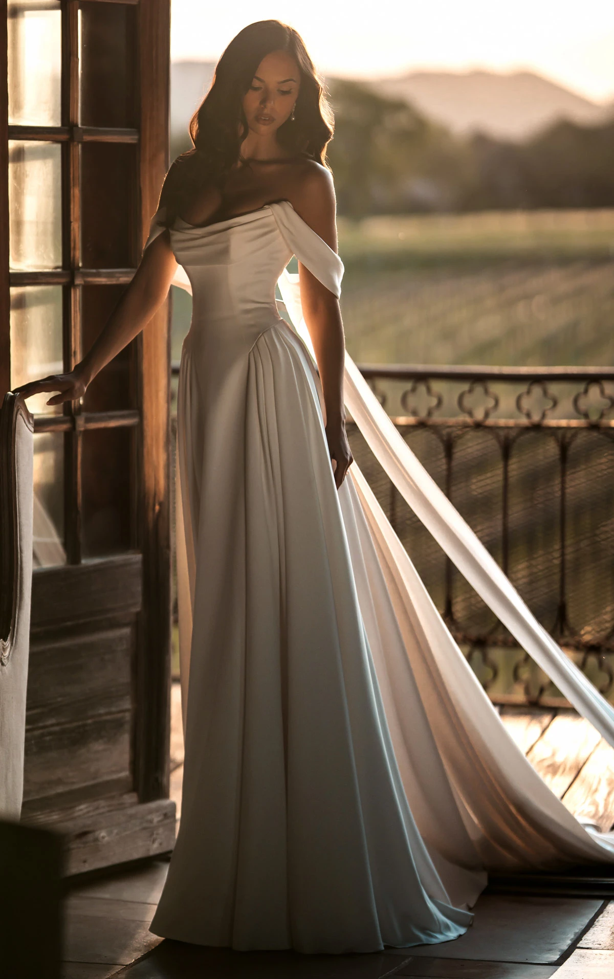 Minimalist Satin A-Line Wedding Gown with Detachable Off-The-Shoulder Train, ML2066, byMartina Liana