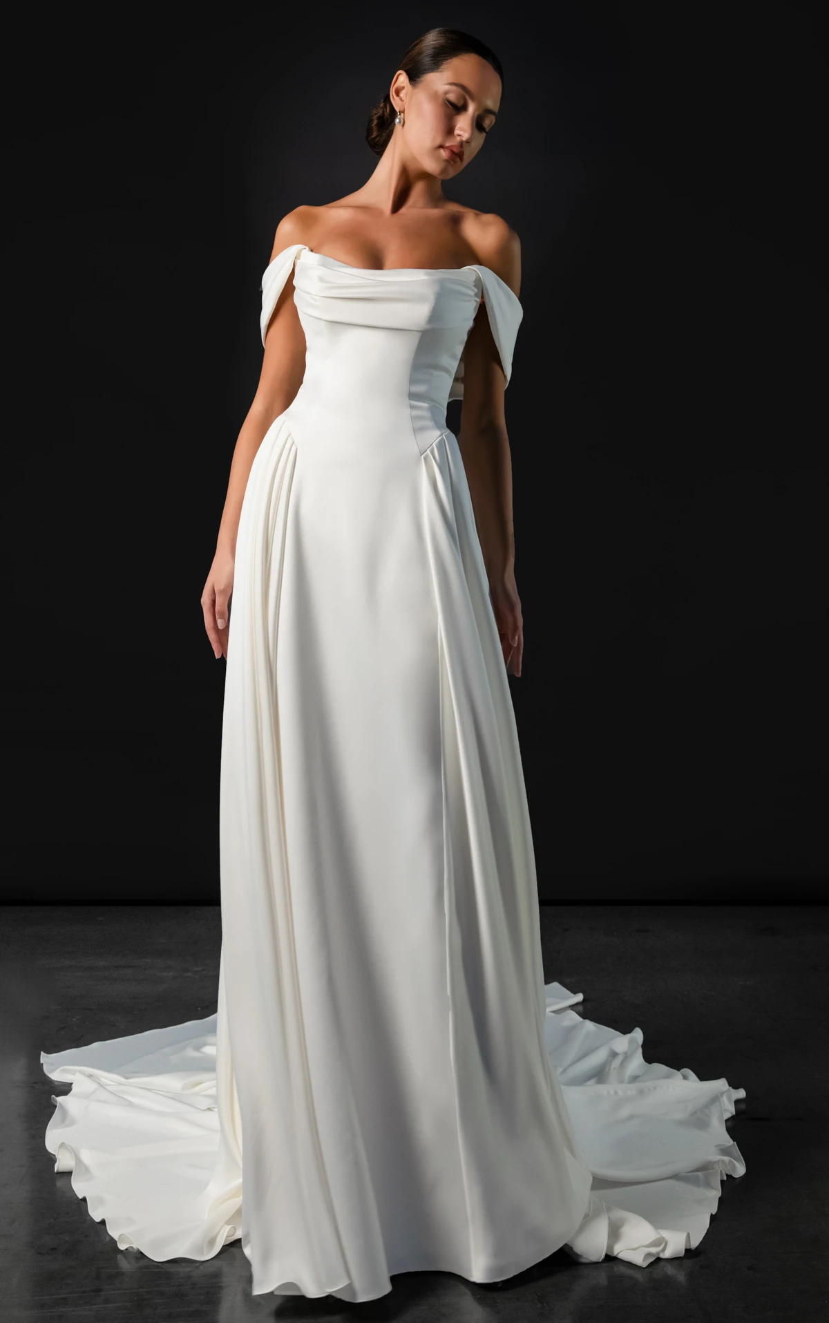 ml2066 Minimalist Satin A-Line Wedding Gown with Detachable Off-The-Shoulder Train  by Martina Liana