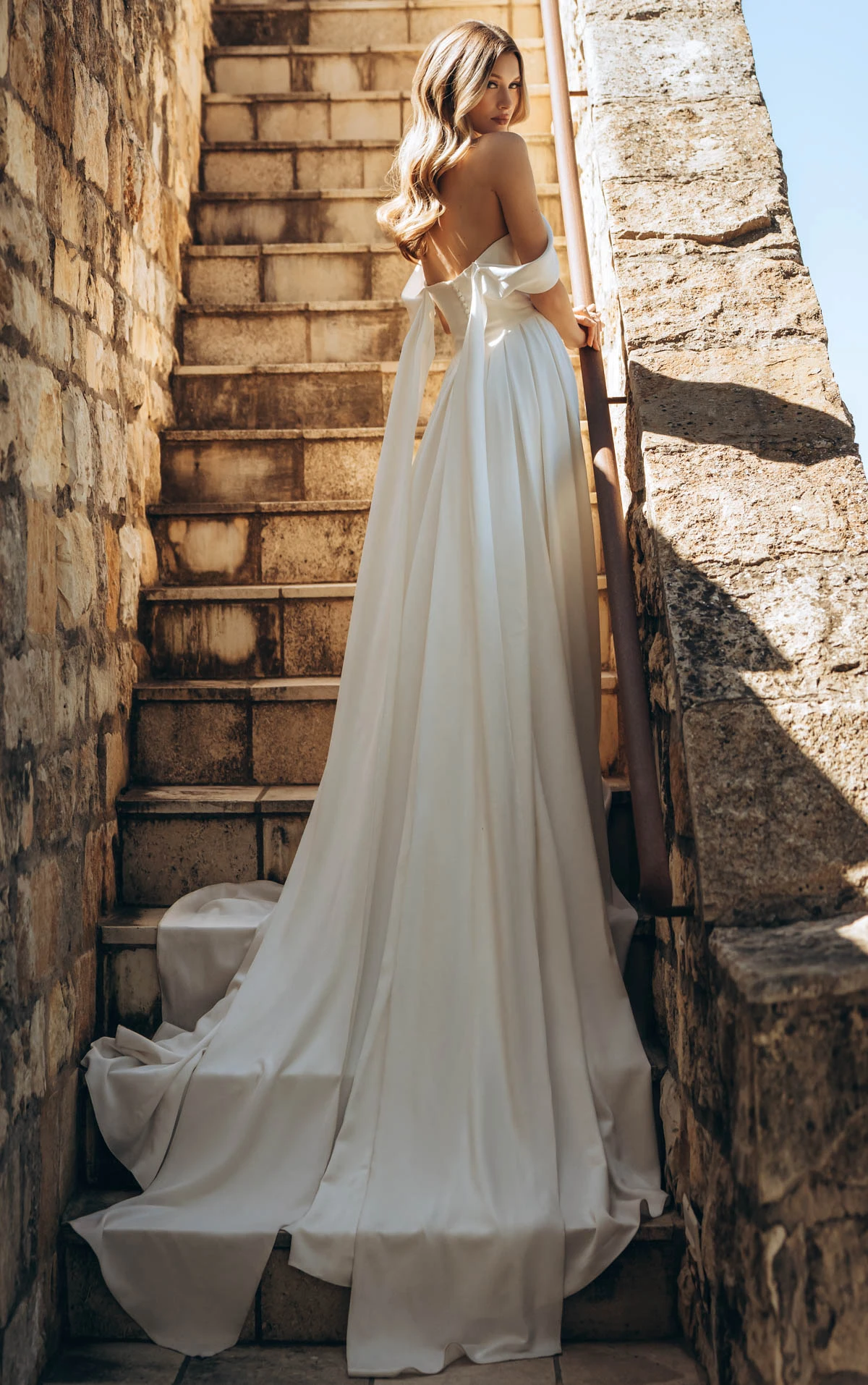 ml2066 Minimalist Satin A-Line Wedding Gown with Detachable Off-The-Shoulder Train  by Martina Liana