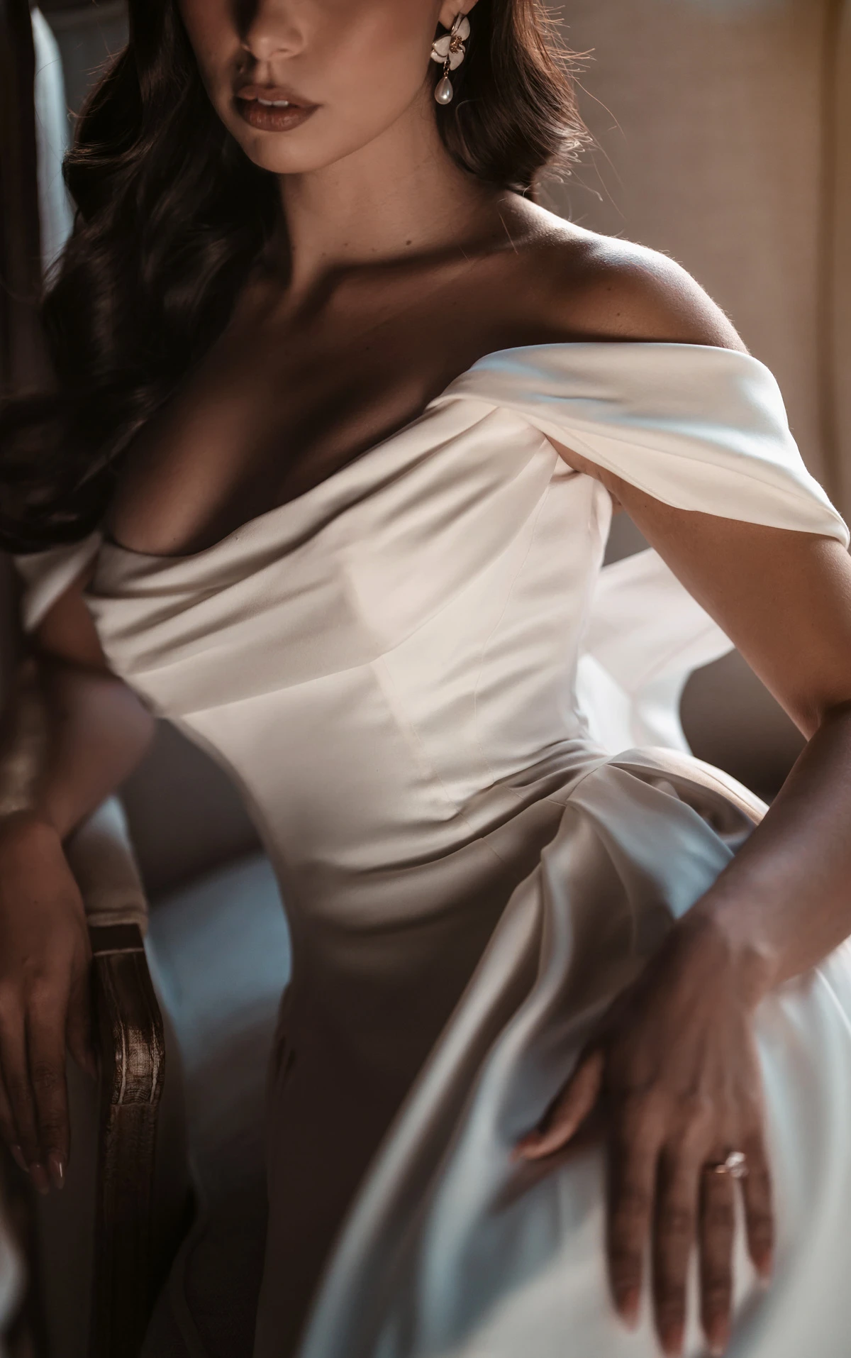 ml2066 Minimalist Satin A-Line Wedding Gown with Detachable Off-The-Shoulder Train  by Martina Liana