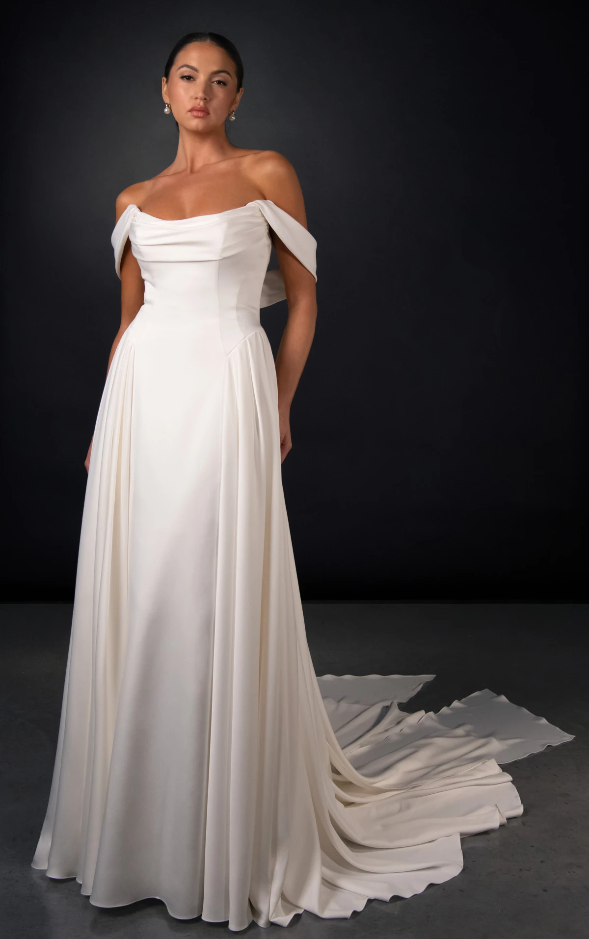 ml2066 Minimalist Satin A-Line Wedding Gown with Detachable Off-The-Shoulder Train  by Martina Liana