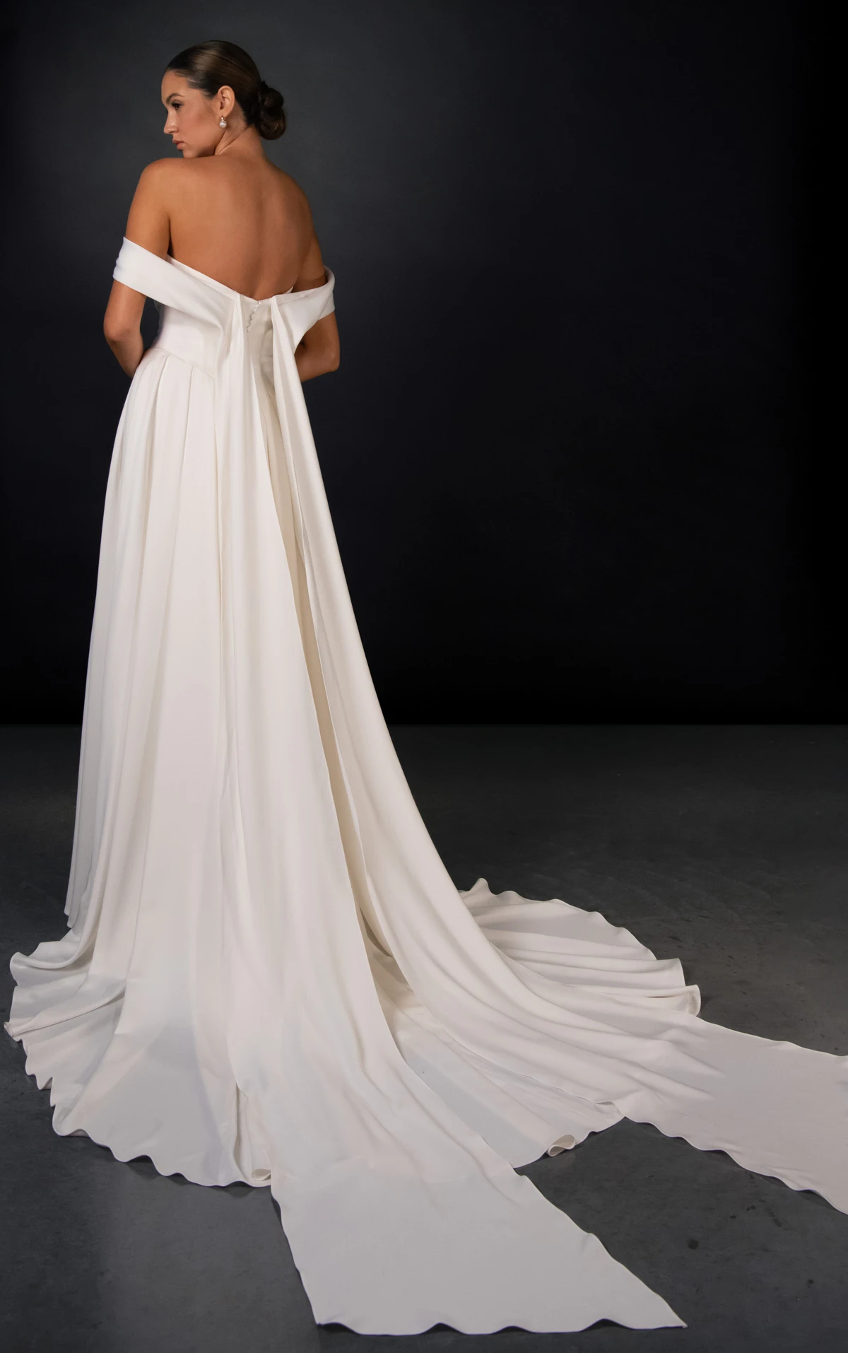 ml2066 Minimalist Satin A-Line Wedding Gown with Detachable Off-The-Shoulder Train  by Martina Liana