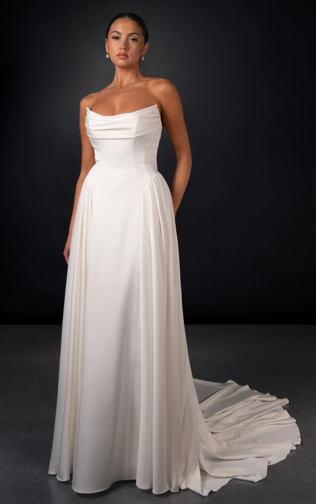 ml2066 Minimalist Satin A-Line Wedding Gown with Detachable Off-The-Shoulder Train  by Martina Liana