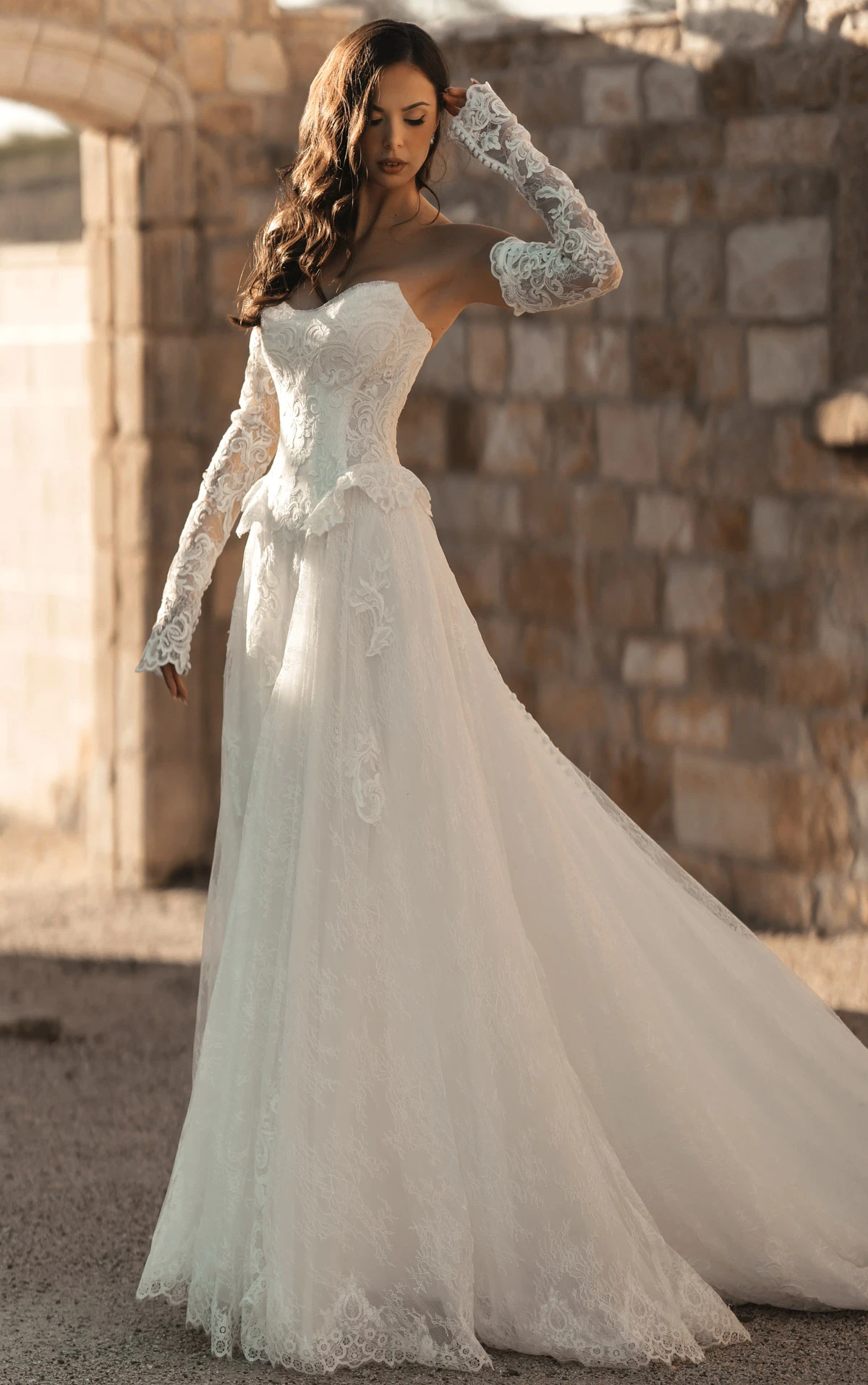 Peplum Lace and Tulle A-Line Wedding Gown with Detachable Sleeves, ML2069, byMartina Liana
