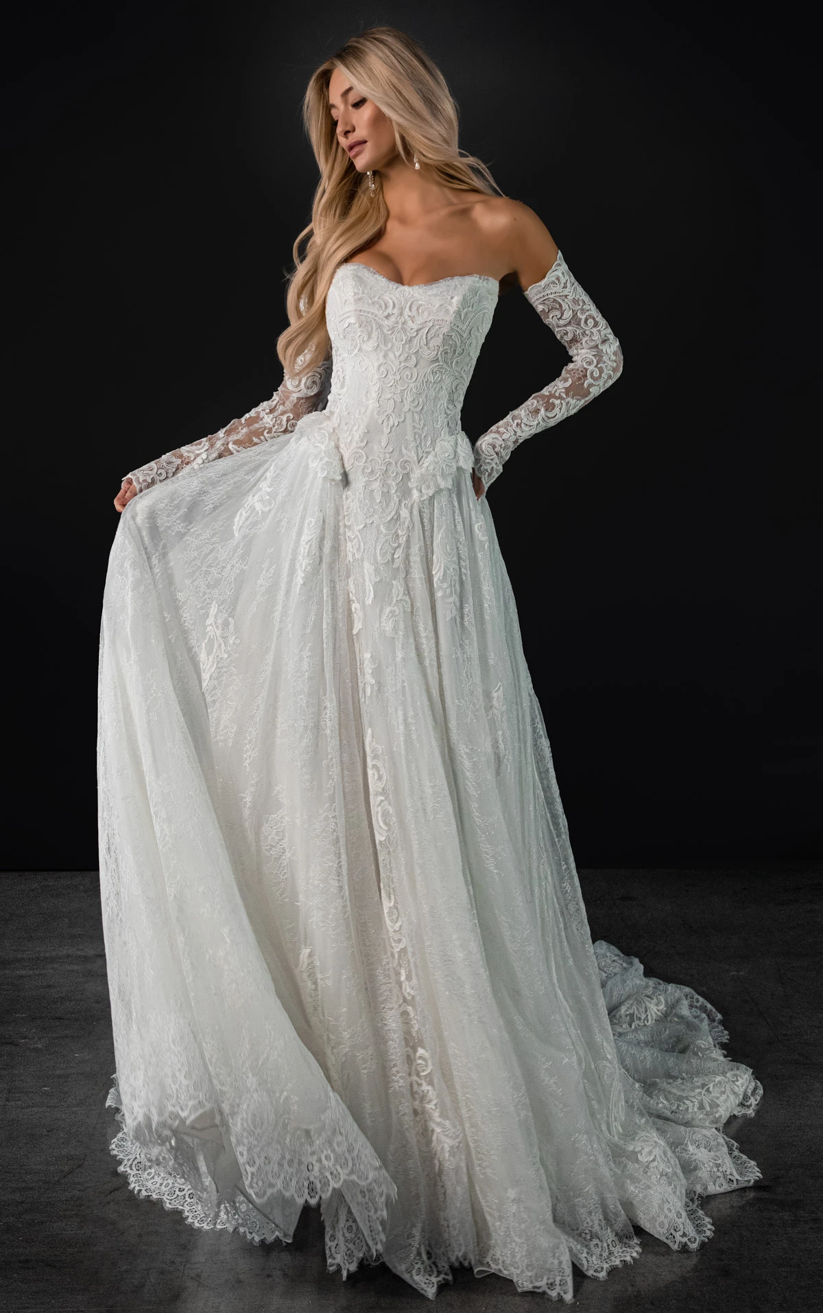 ml2069 Peplum Lace and Tulle A-Line Wedding Gown with Detachable Sleeves  by Martina Liana