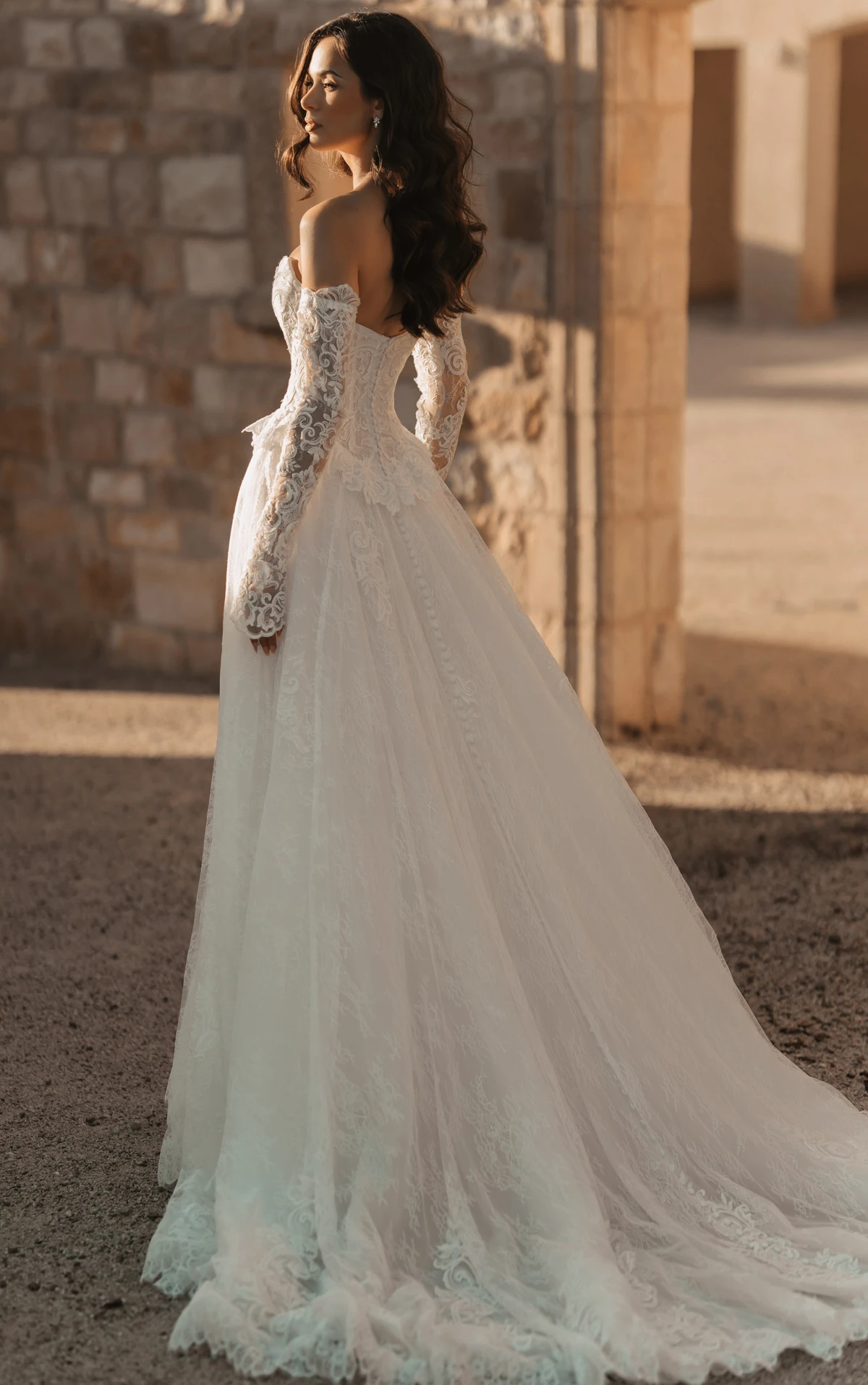 ml2069 Peplum Lace and Tulle A-Line Wedding Gown with Detachable Sleeves  by Martina Liana