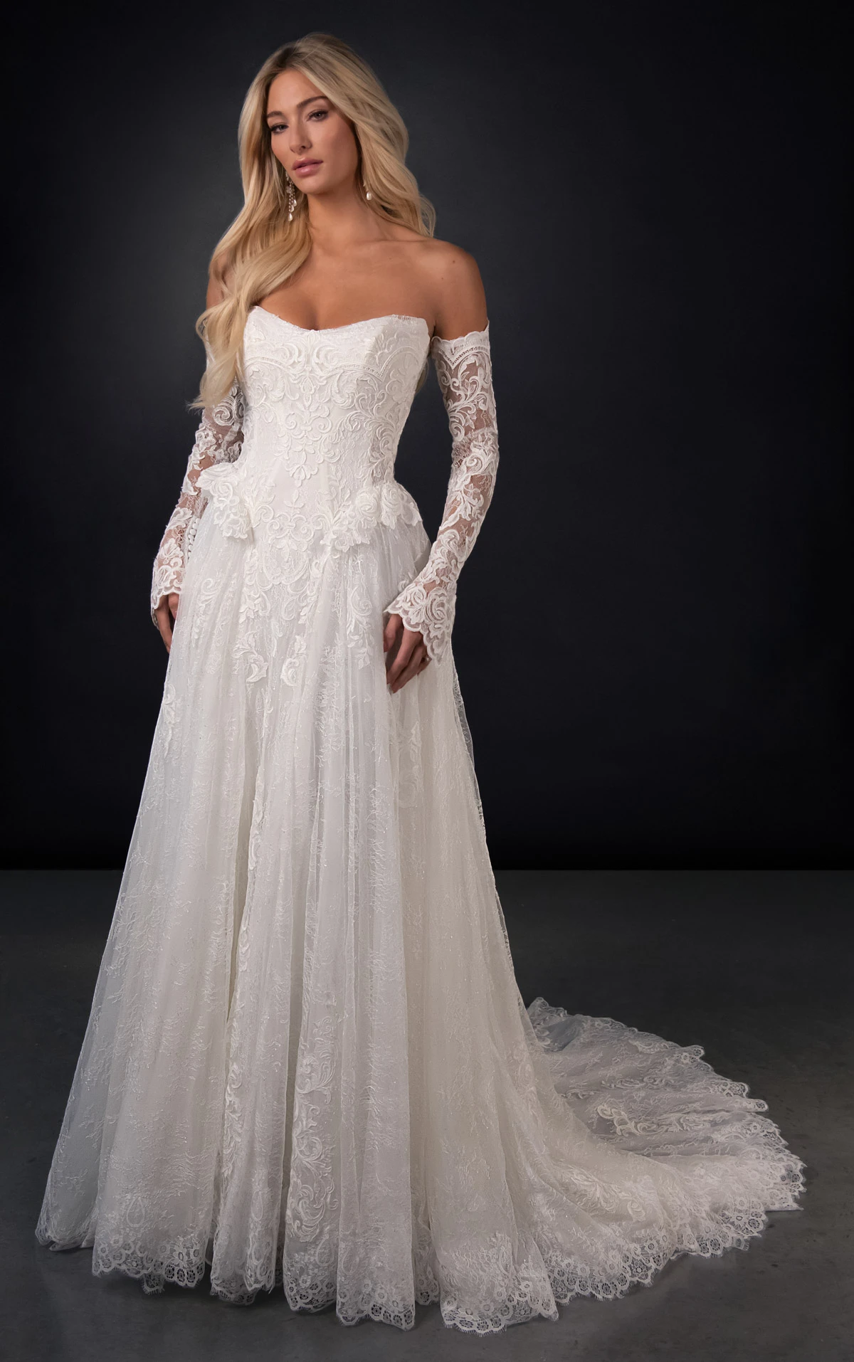 ml2069 Peplum Lace and Tulle A-Line Wedding Gown with Detachable Sleeves  by Martina Liana