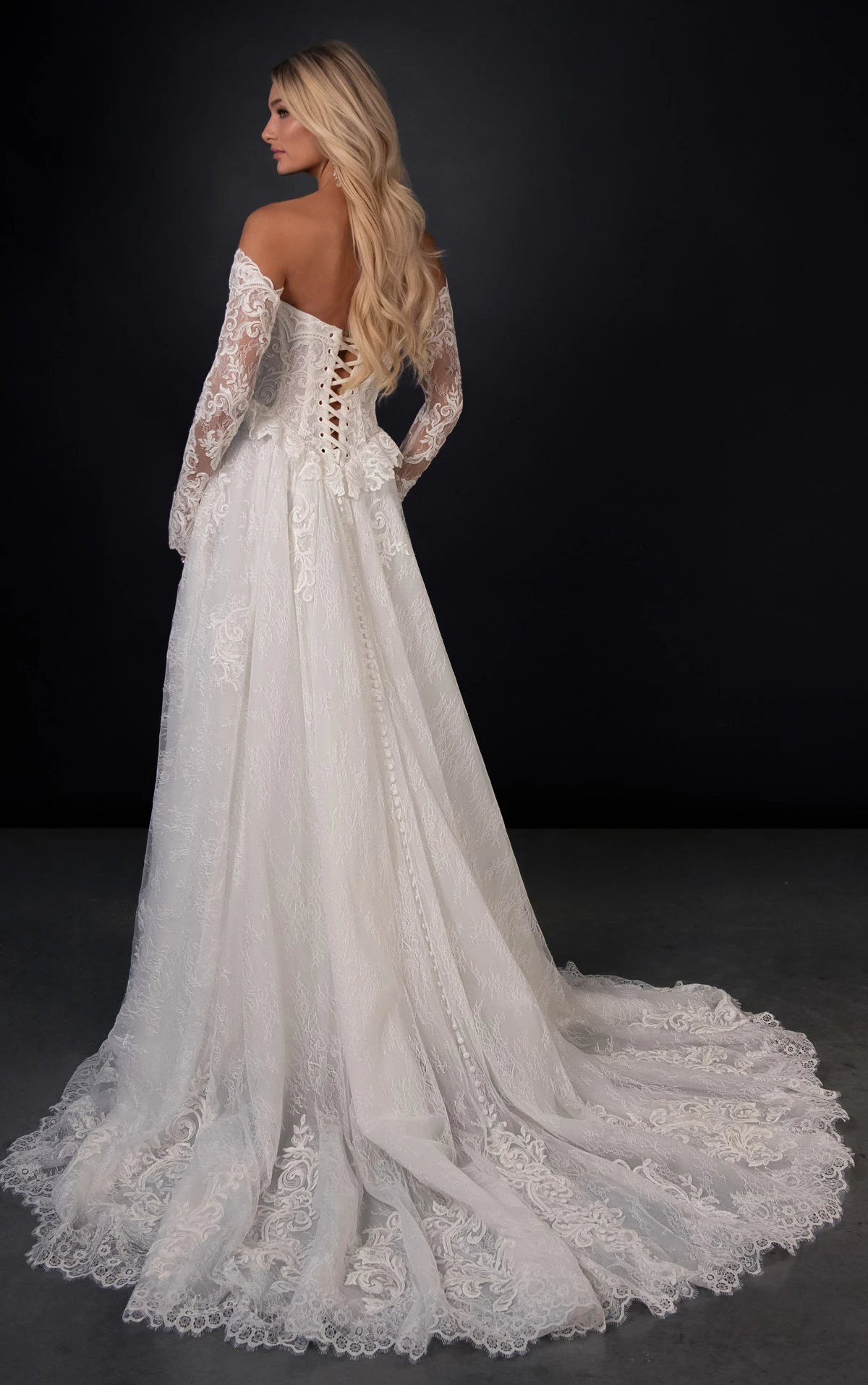 ml2069 Peplum Lace and Tulle A-Line Wedding Gown with Detachable Sleeves  by Martina Liana
