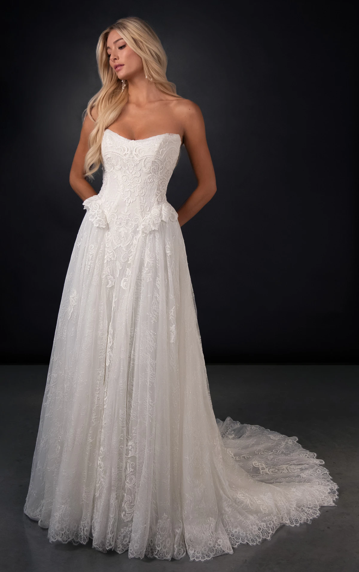 ml2069 Peplum Lace and Tulle A-Line Wedding Gown with Detachable Sleeves  by Martina Liana
