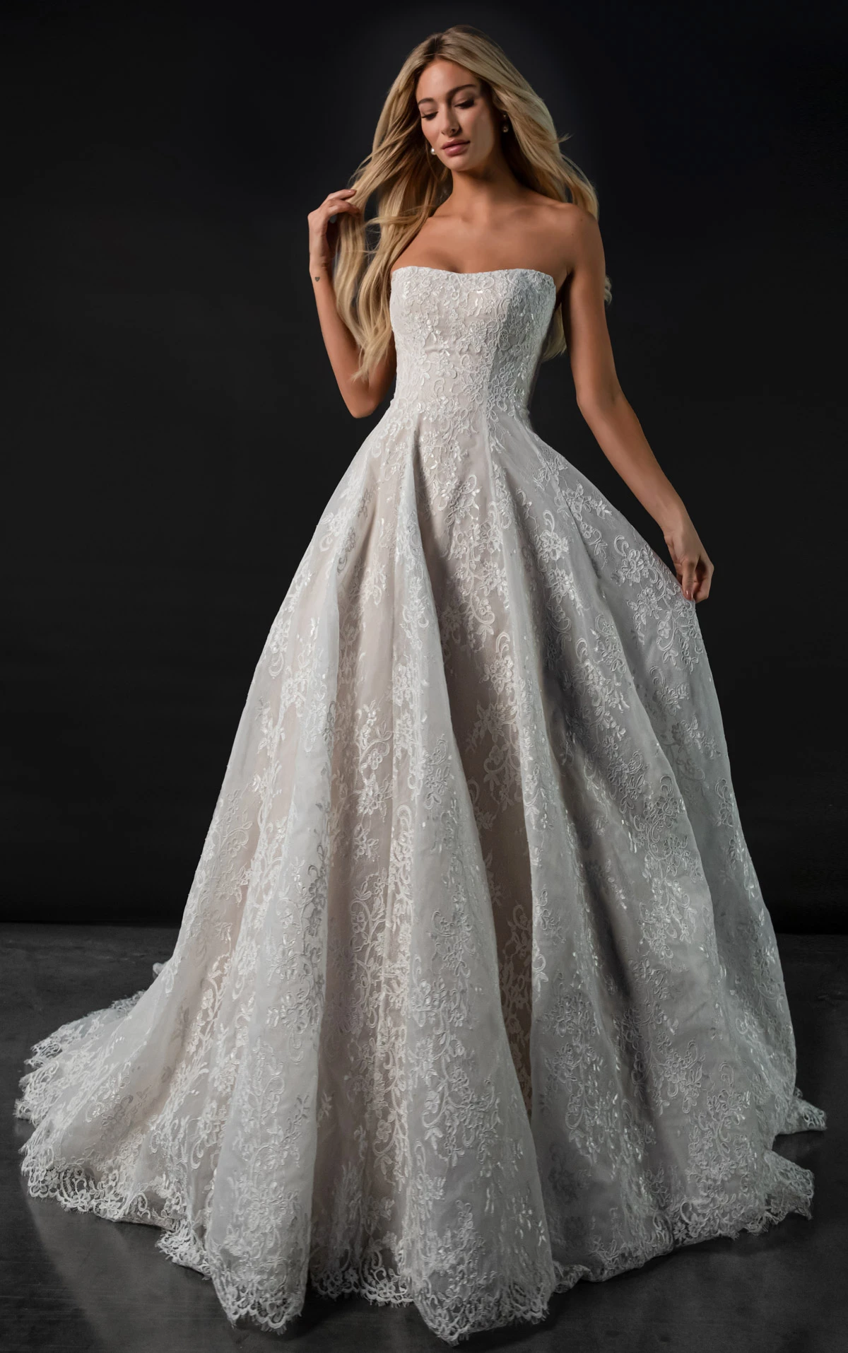 ml2070 Strapless Sweetheart Neckline Lace and Tulle A-Line Wedding Gown with Scalloped Edge Train  by Martina Liana