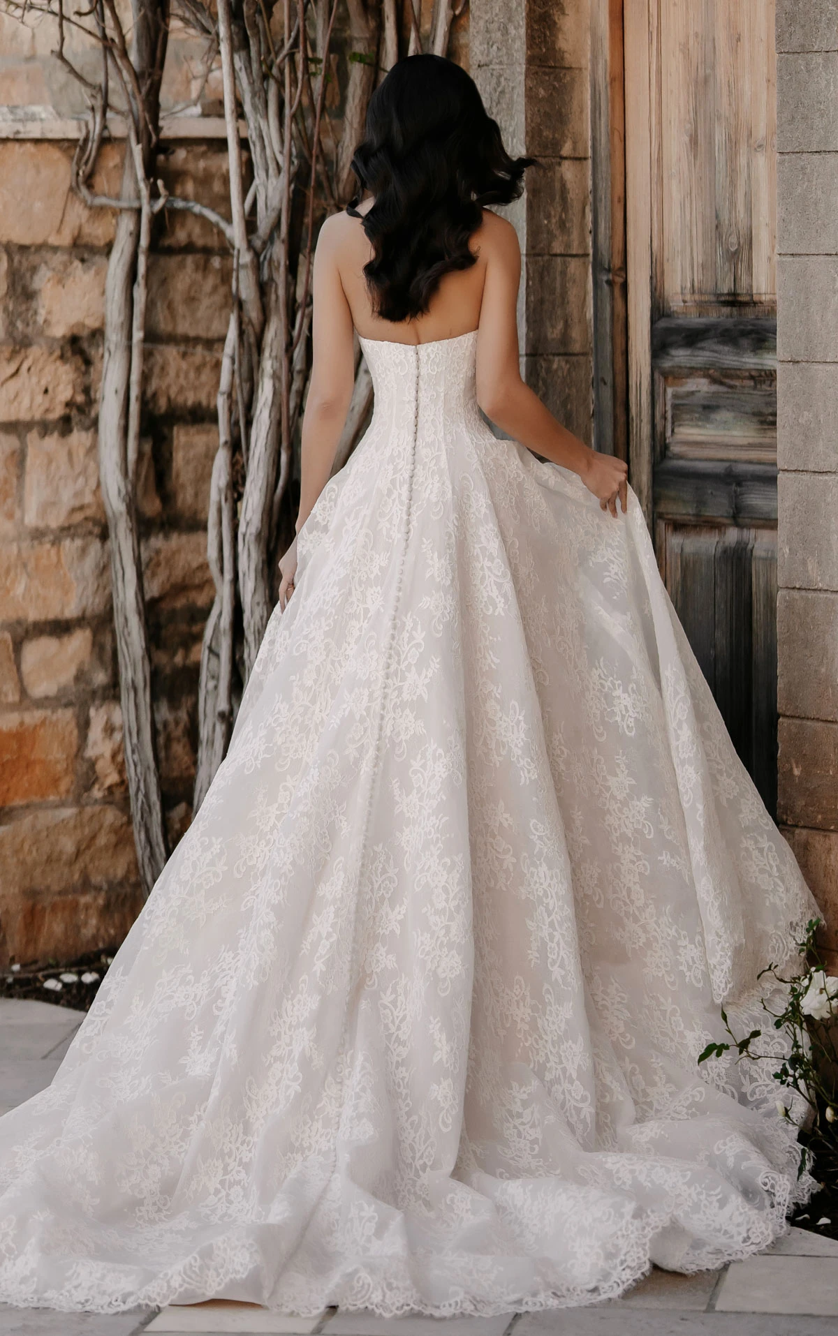 ml2070 Strapless Sweetheart Neckline Lace and Tulle A-Line Wedding Gown with Scalloped Edge Train  by Martina Liana