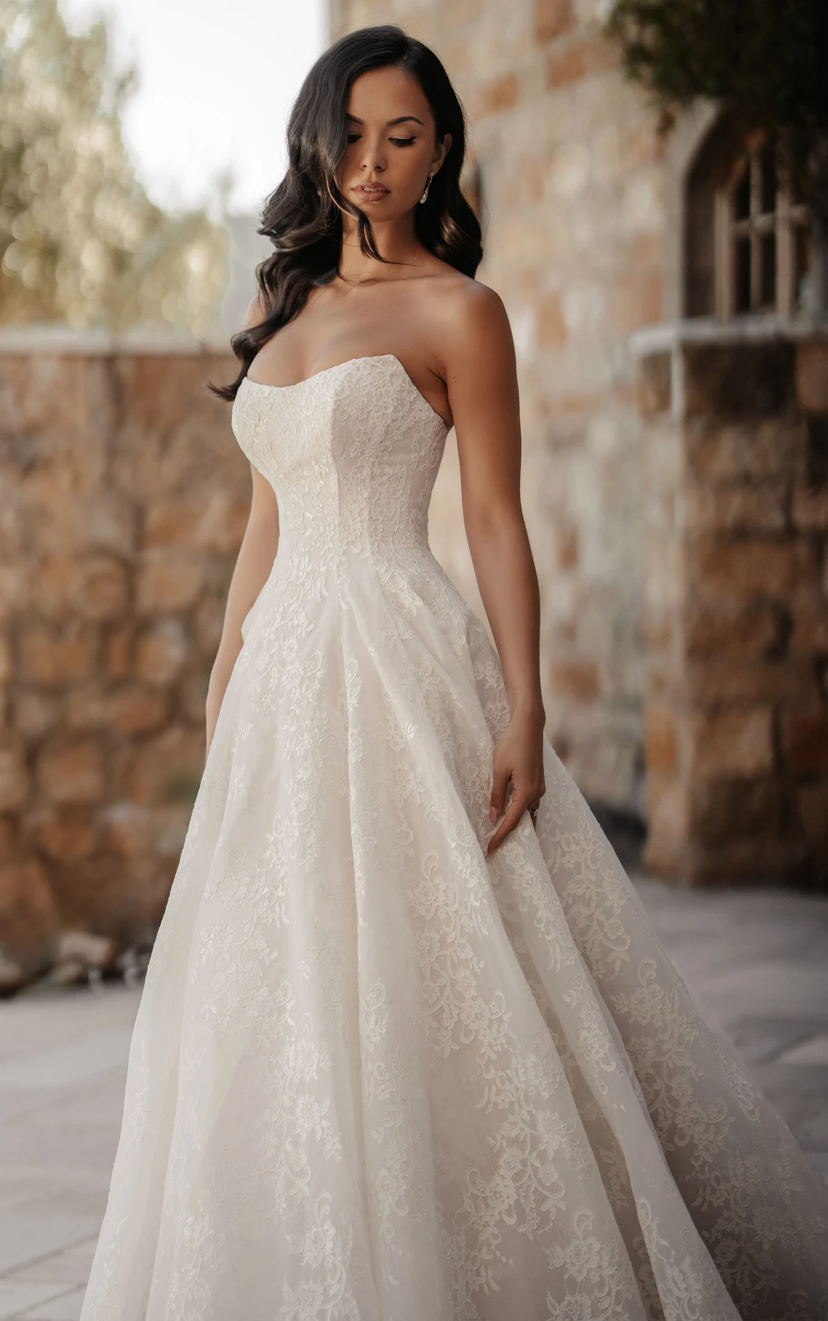 ml2070 Strapless Sweetheart Neckline Lace and Tulle A-Line Wedding Gown with Scalloped Edge Train  by Martina Liana