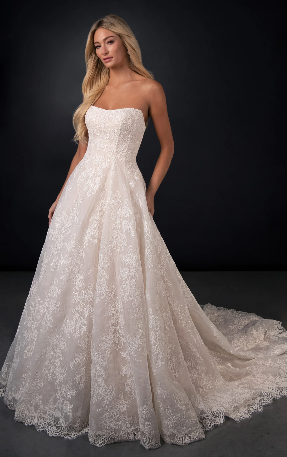 ml2070 Strapless Sweetheart Neckline Lace and Tulle A-Line Wedding Gown with Scalloped Edge Train  by Martina Liana