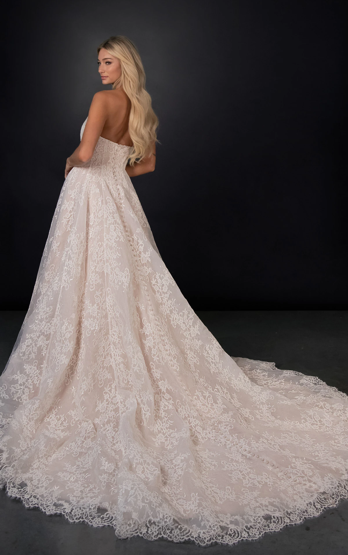 ml2070 Strapless Sweetheart Neckline Lace and Tulle A-Line Wedding Gown with Scalloped Edge Train  by Martina Liana