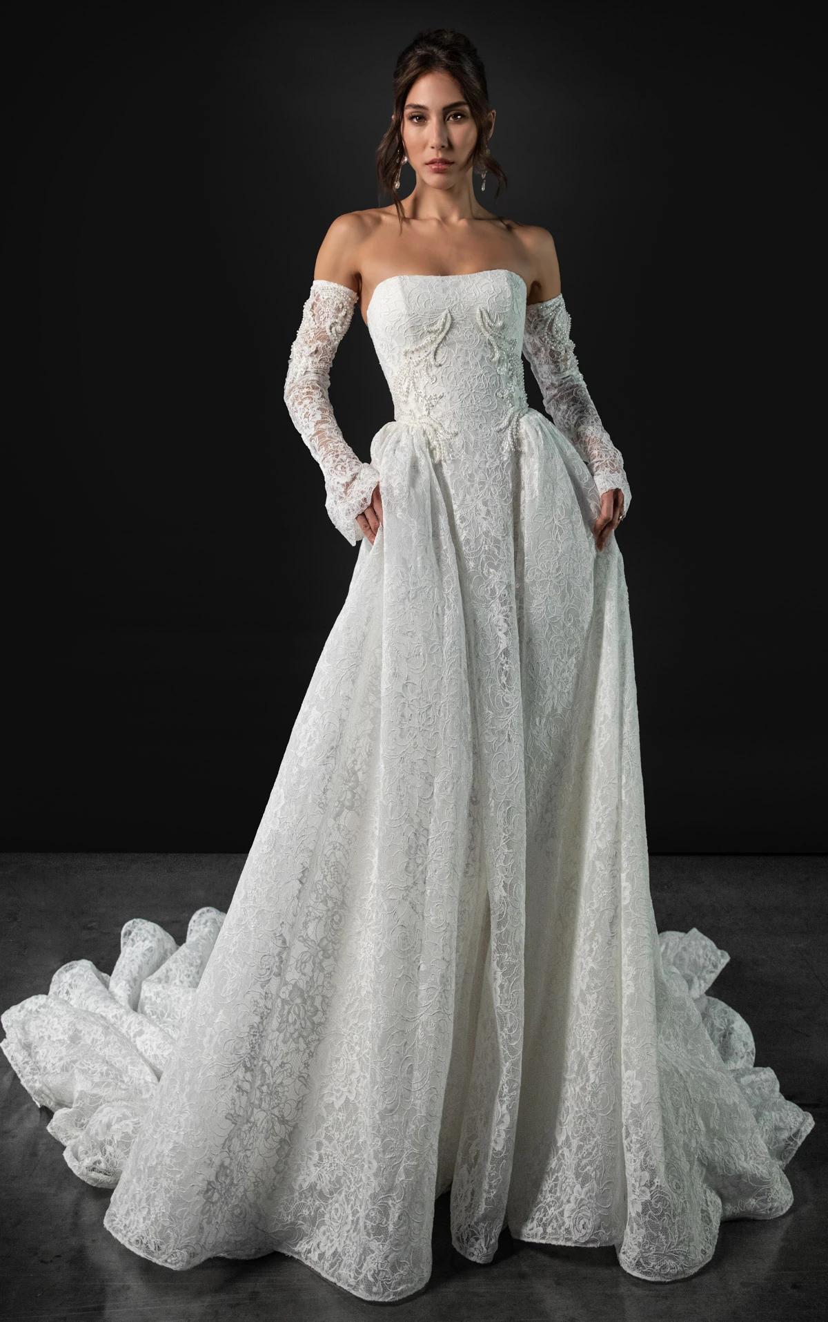 Strapless Beaded Lace A-Line Wedding Gown with Detachable Sleeves, ML2071, byMartina Liana