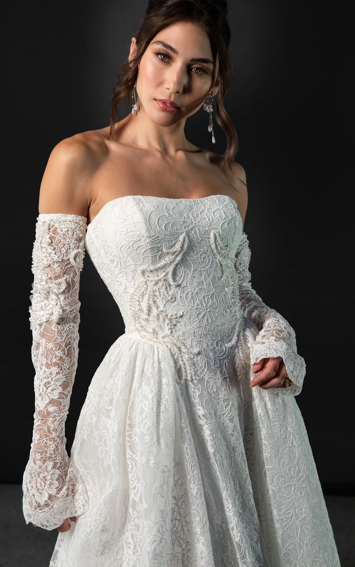 ml2071 Strapless Beaded Lace A-Line Wedding Gown with Detachable Sleeves  by Martina Liana