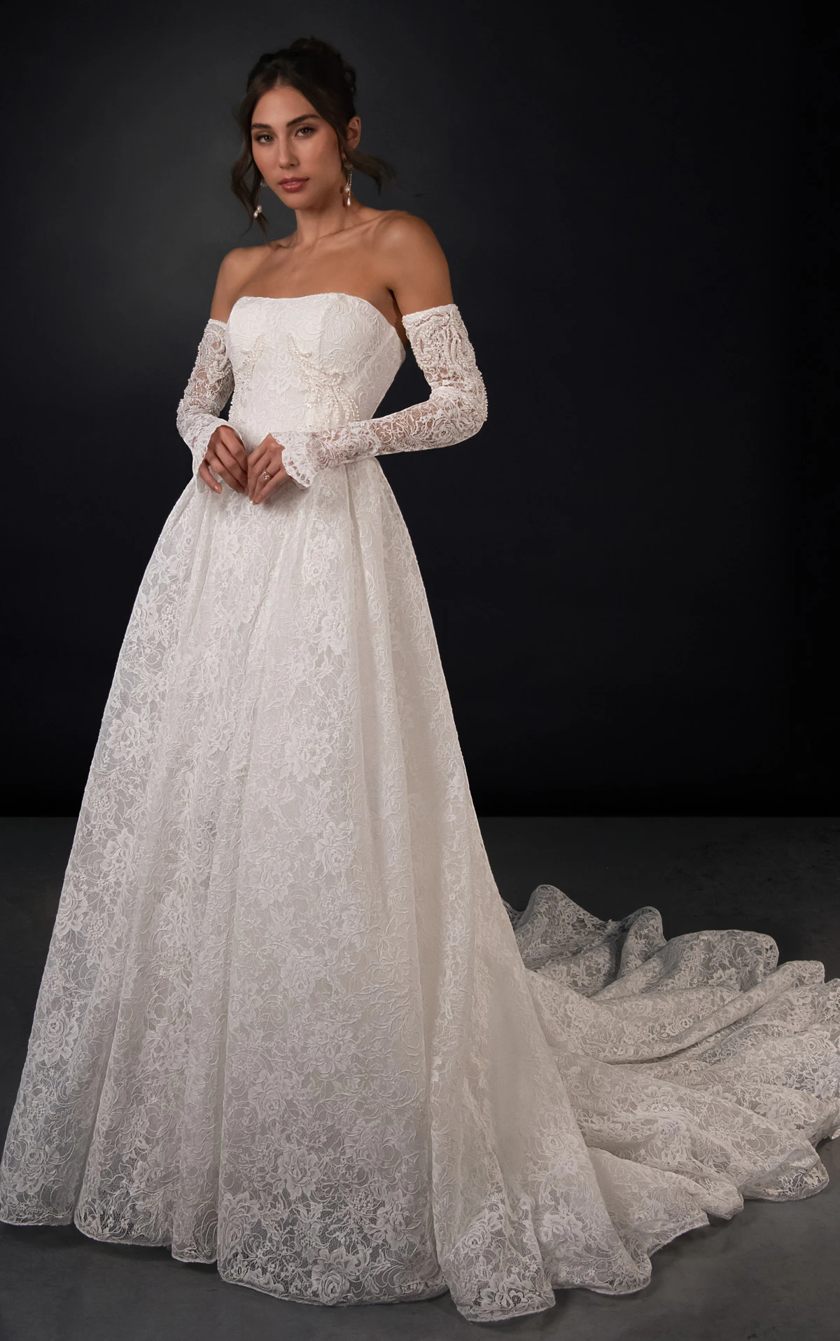 ml2071 Strapless Beaded Lace A-Line Wedding Gown with Detachable Sleeves  by Martina Liana