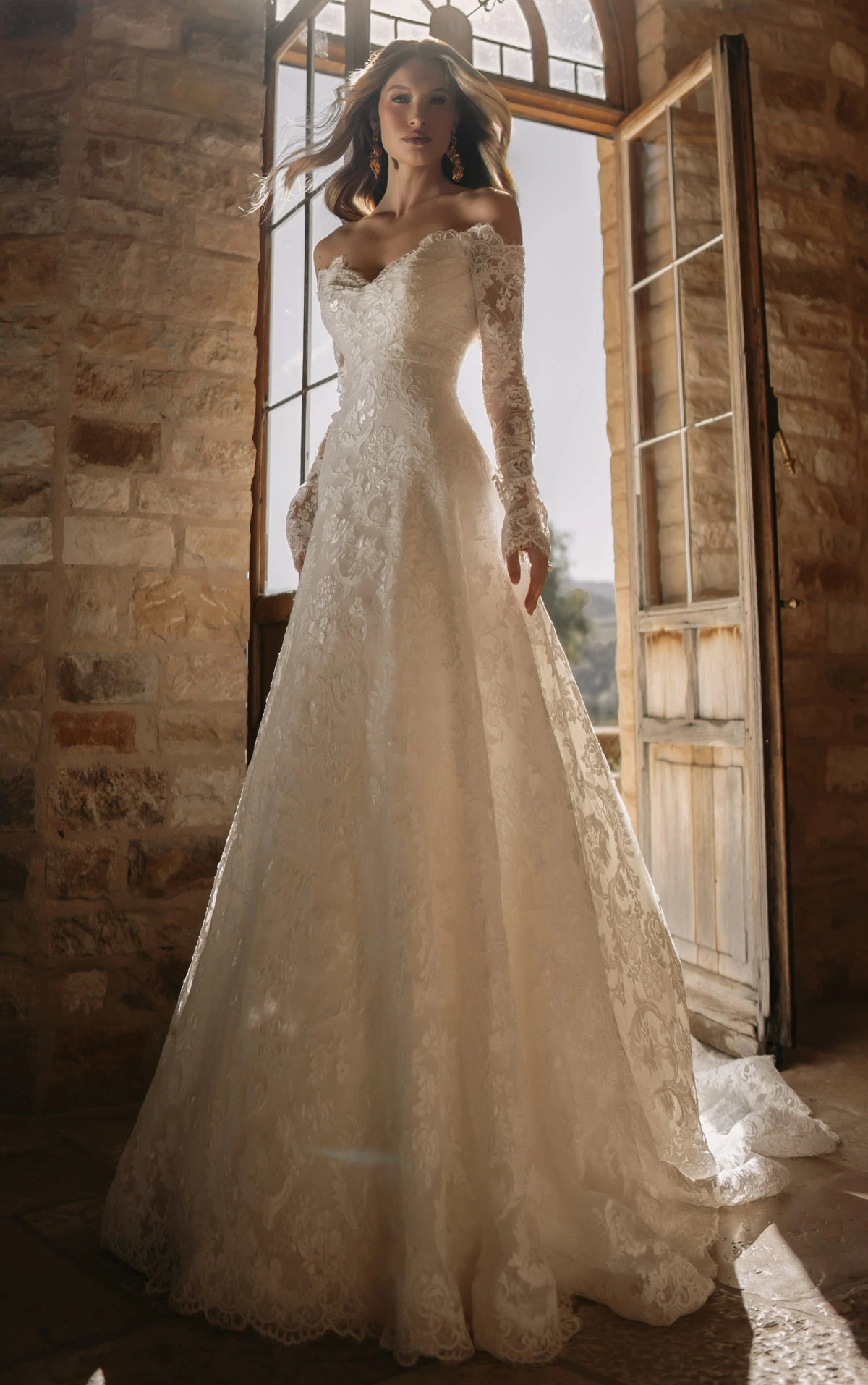 Off-The-Shoulder Long Sleeve Lace A-Line Wedding Gown with Inner Corset, ML2072, byMartina Liana