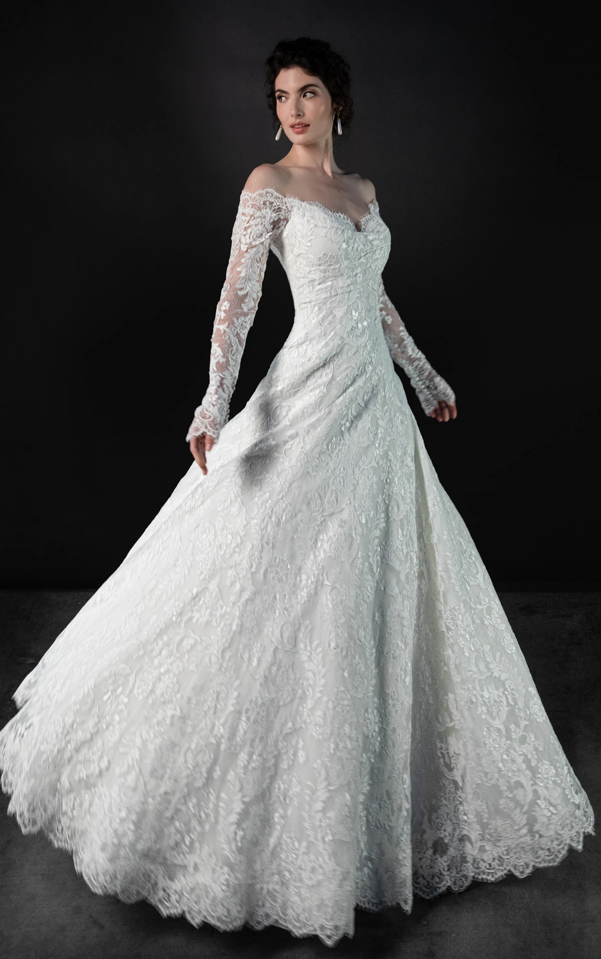 ml2072 Off-The-Shoulder Long Sleeve Lace A-Line Wedding Gown with Inner Corset by Martina Liana