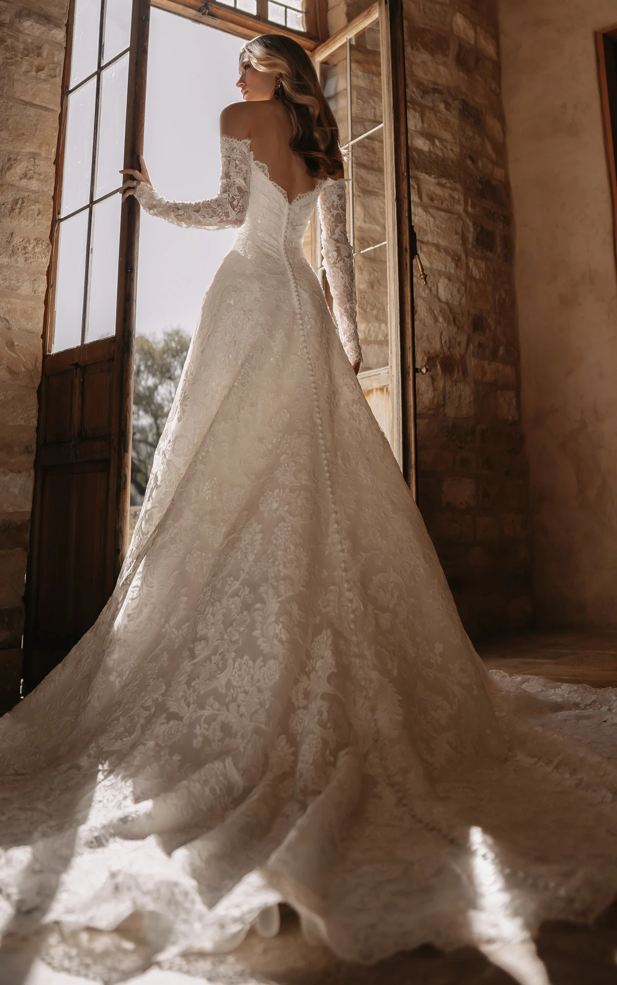 ml2072 Off-The-Shoulder Long Sleeve Lace A-Line Wedding Gown with Inner Corset by Martina Liana
