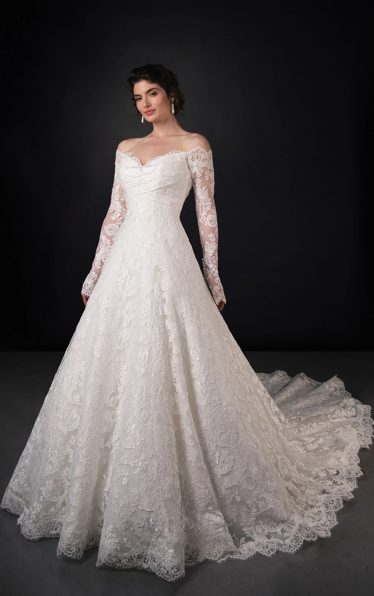 ml2072 Off-The-Shoulder Long Sleeve Lace A-Line Wedding Gown with Inner Corset by Martina Liana