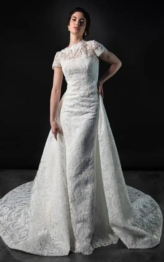 Lace and Satin Column Wedding Gown with Detachable Topper and Train, ML2074, by Martina Liana