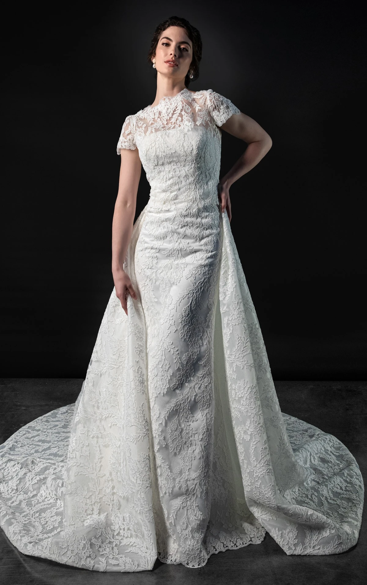 Lace and Satin Column Wedding Gown with Detachable Topper and Train, ML2074, byMartina Liana
