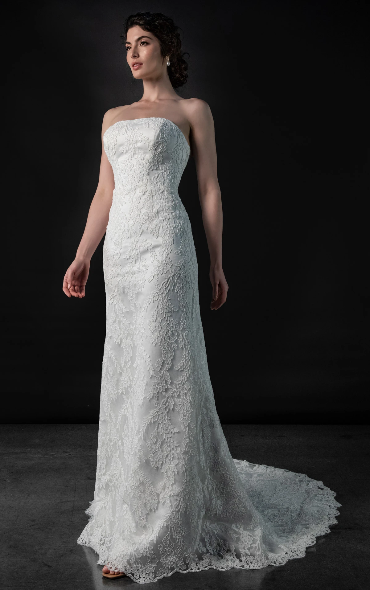 ml2074 Lace and Satin Column Wedding Gown with Detachable Topper and Train  by Martina Liana