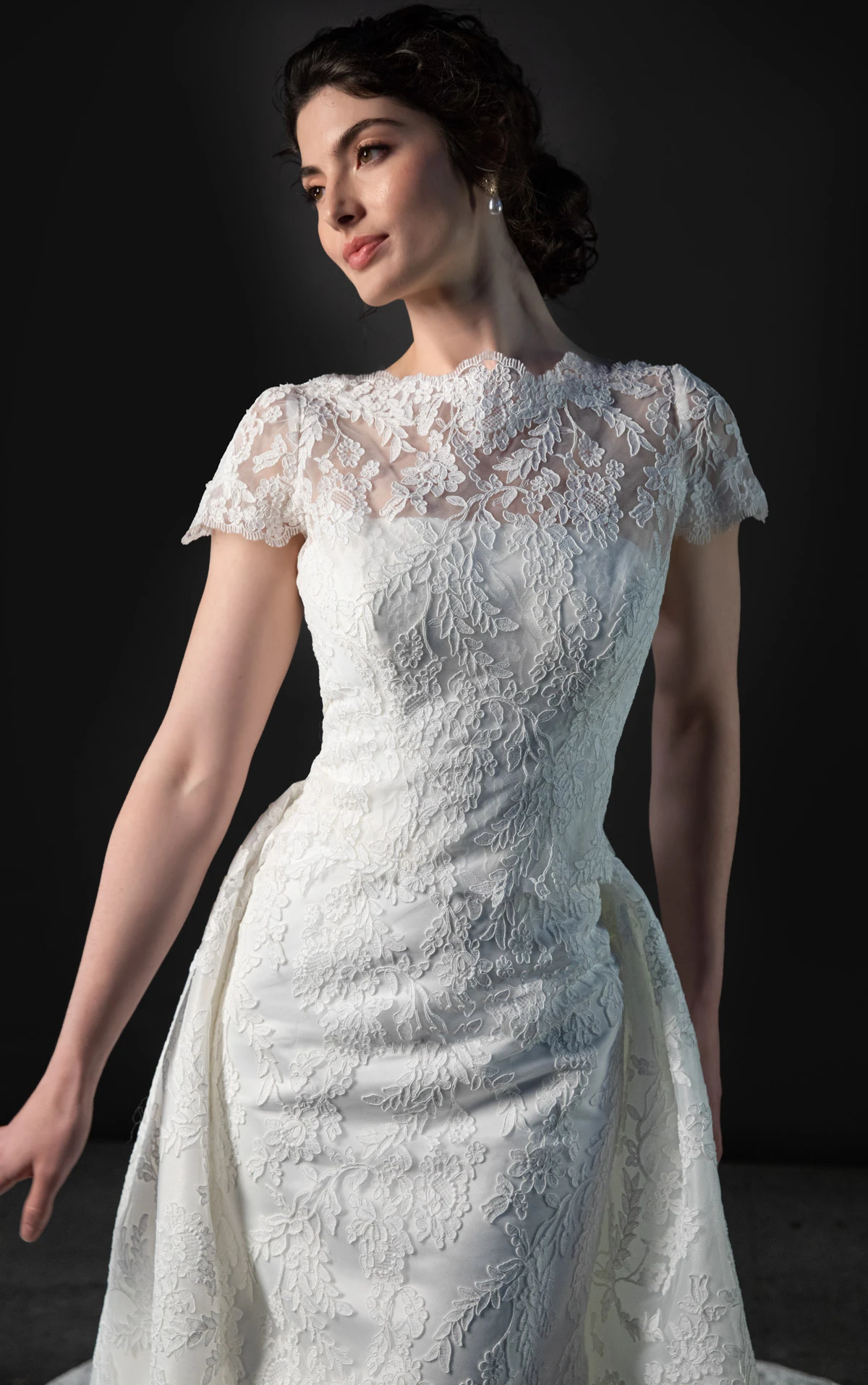 ml2074 Lace and Satin Column Wedding Gown with Detachable Topper and Train  by Martina Liana