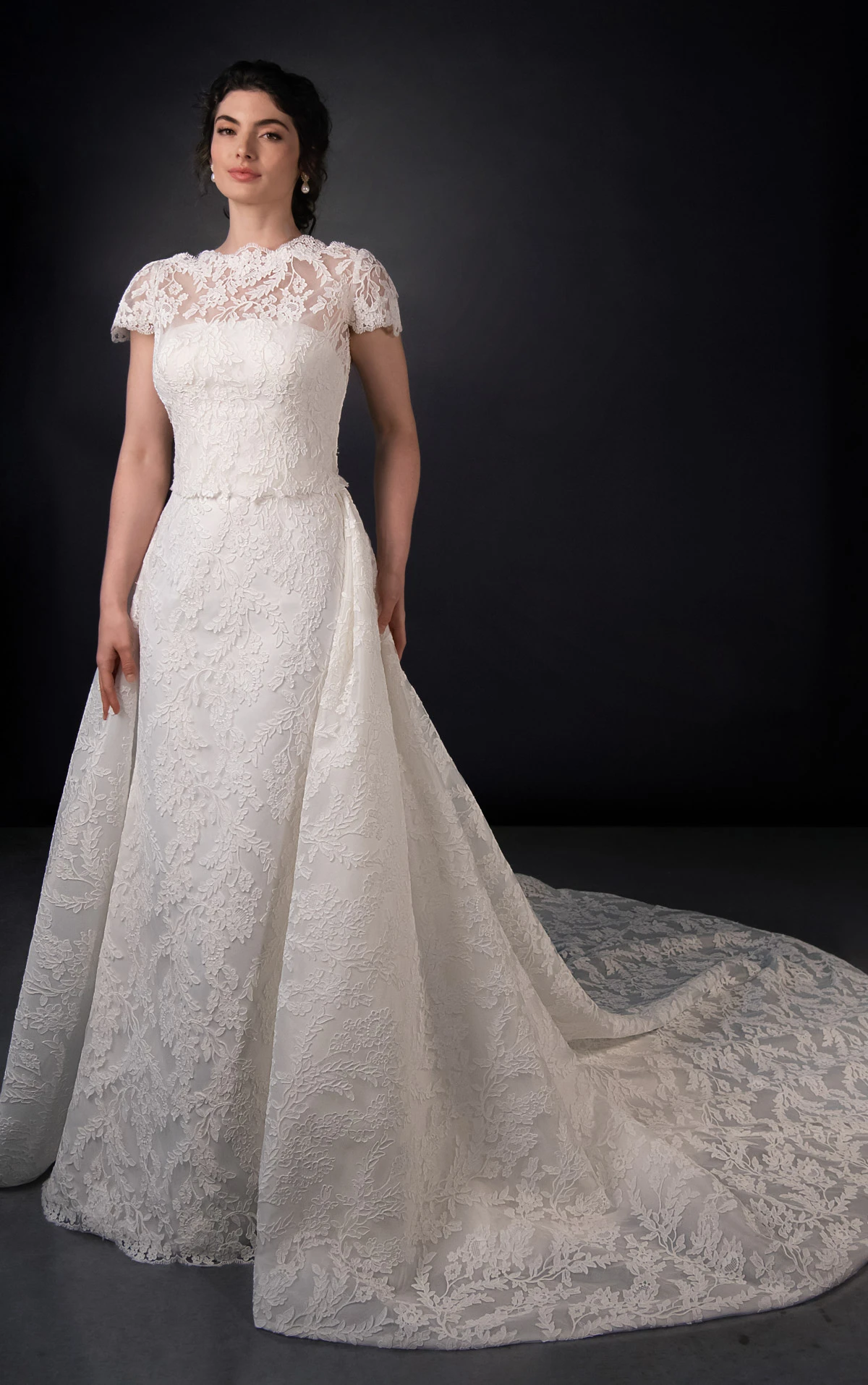 ml2074 Lace and Satin Column Wedding Gown with Detachable Topper and Train  by Martina Liana