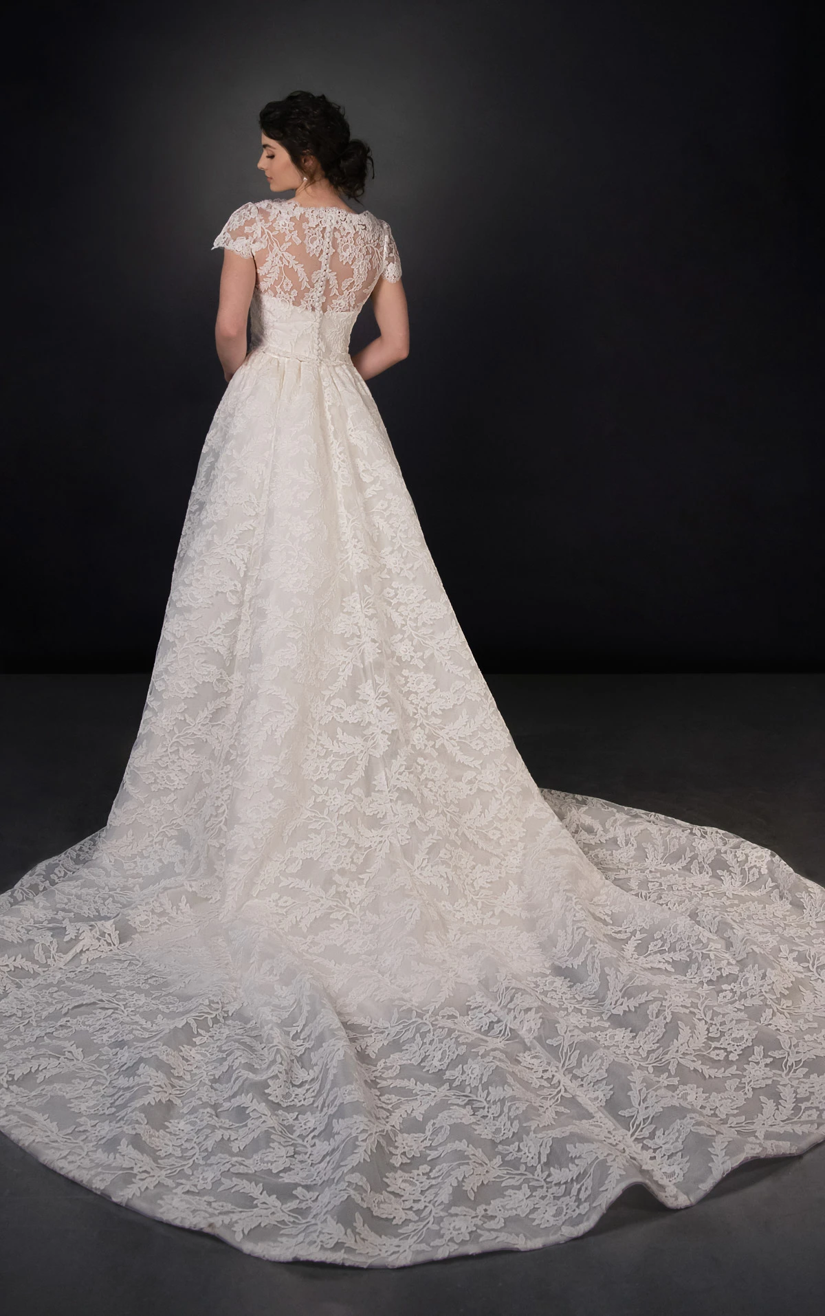 ml2074 Lace and Satin Column Wedding Gown with Detachable Topper and Train  by Martina Liana