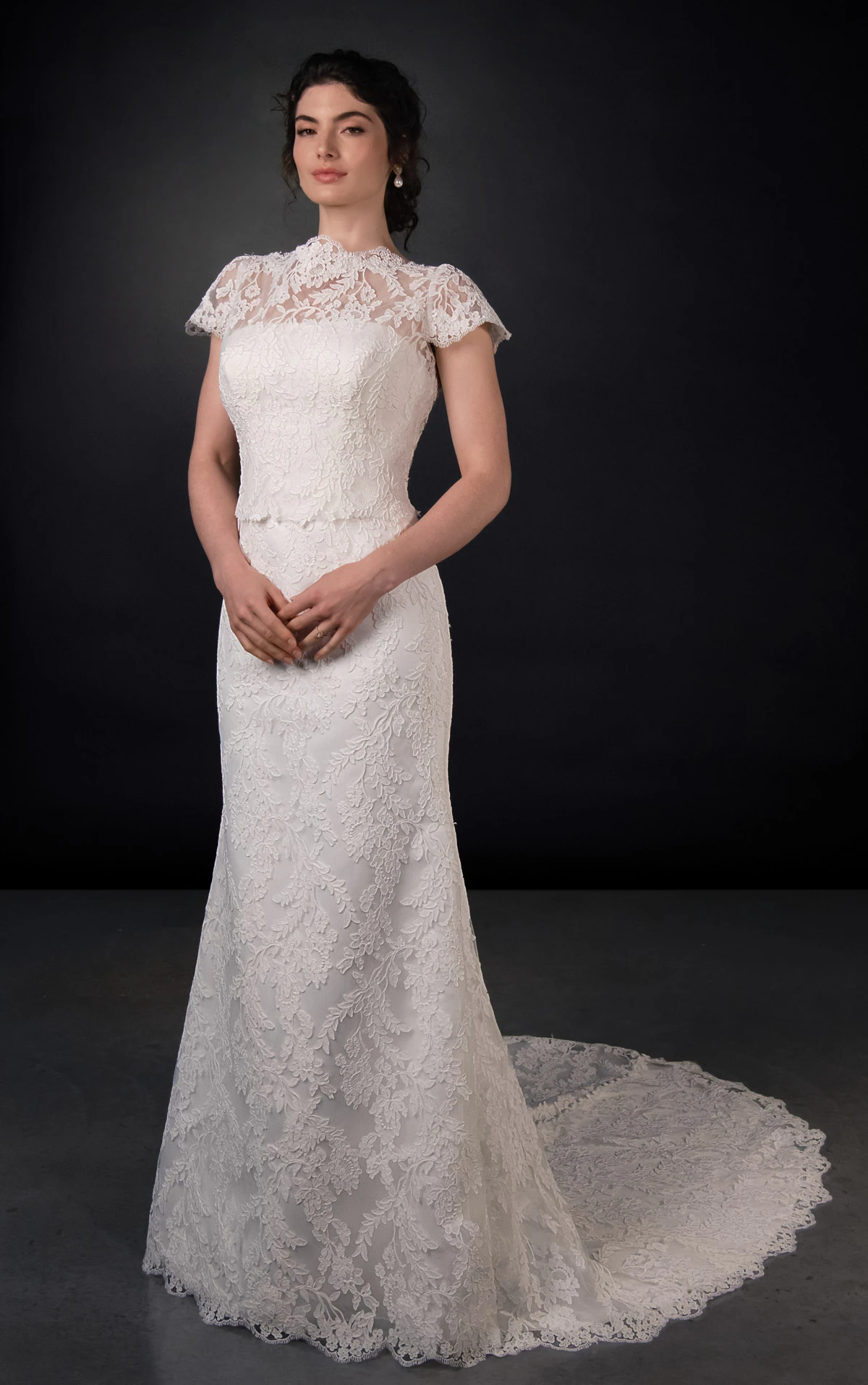 ml2074 Lace and Satin Column Wedding Gown with Detachable Topper and Train  by Martina Liana