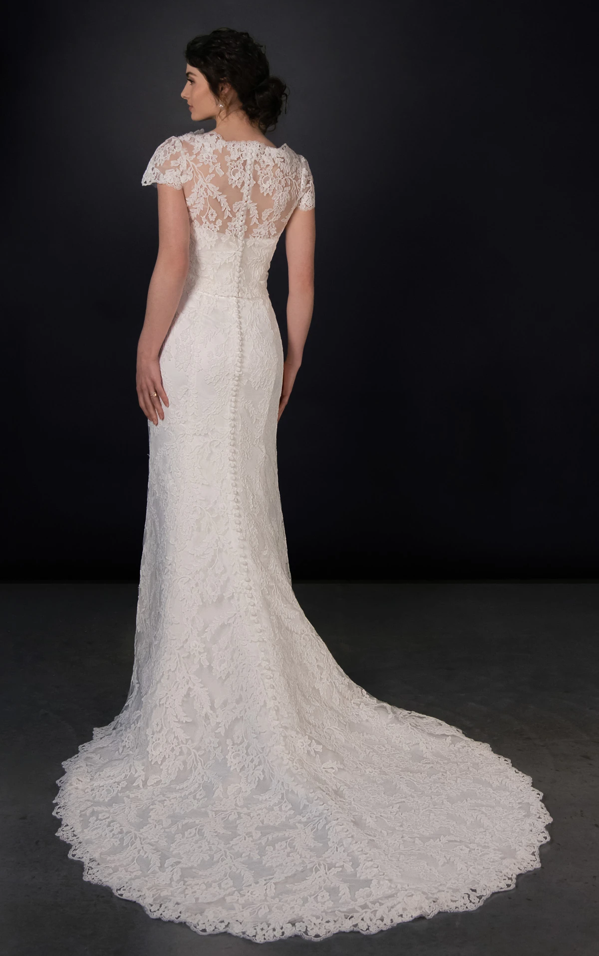 ml2074 Lace and Satin Column Wedding Gown with Detachable Topper and Train  by Martina Liana