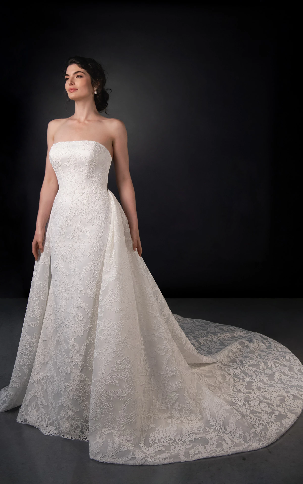 ml2074 Lace and Satin Column Wedding Gown with Detachable Topper and Train  by Martina Liana