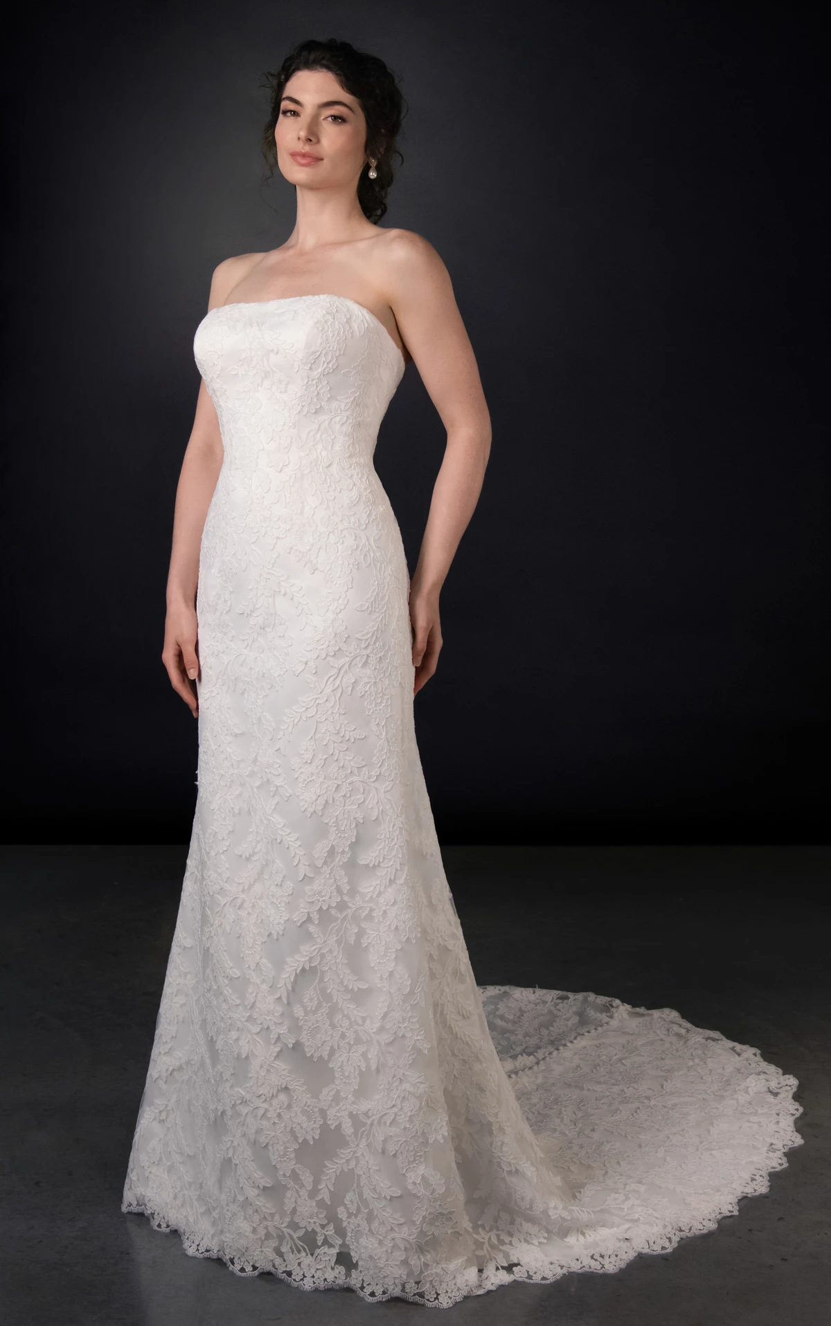 ml2074 Lace and Satin Column Wedding Gown with Detachable Topper and Train  by Martina Liana