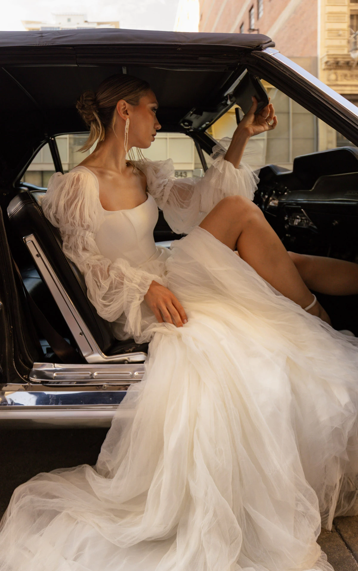 Square Neckline Belle Satin and Crushed French Tulle A-Line Wedding Gown with Detachable Bubble Sleeves, NOAH, byAll Who Wander