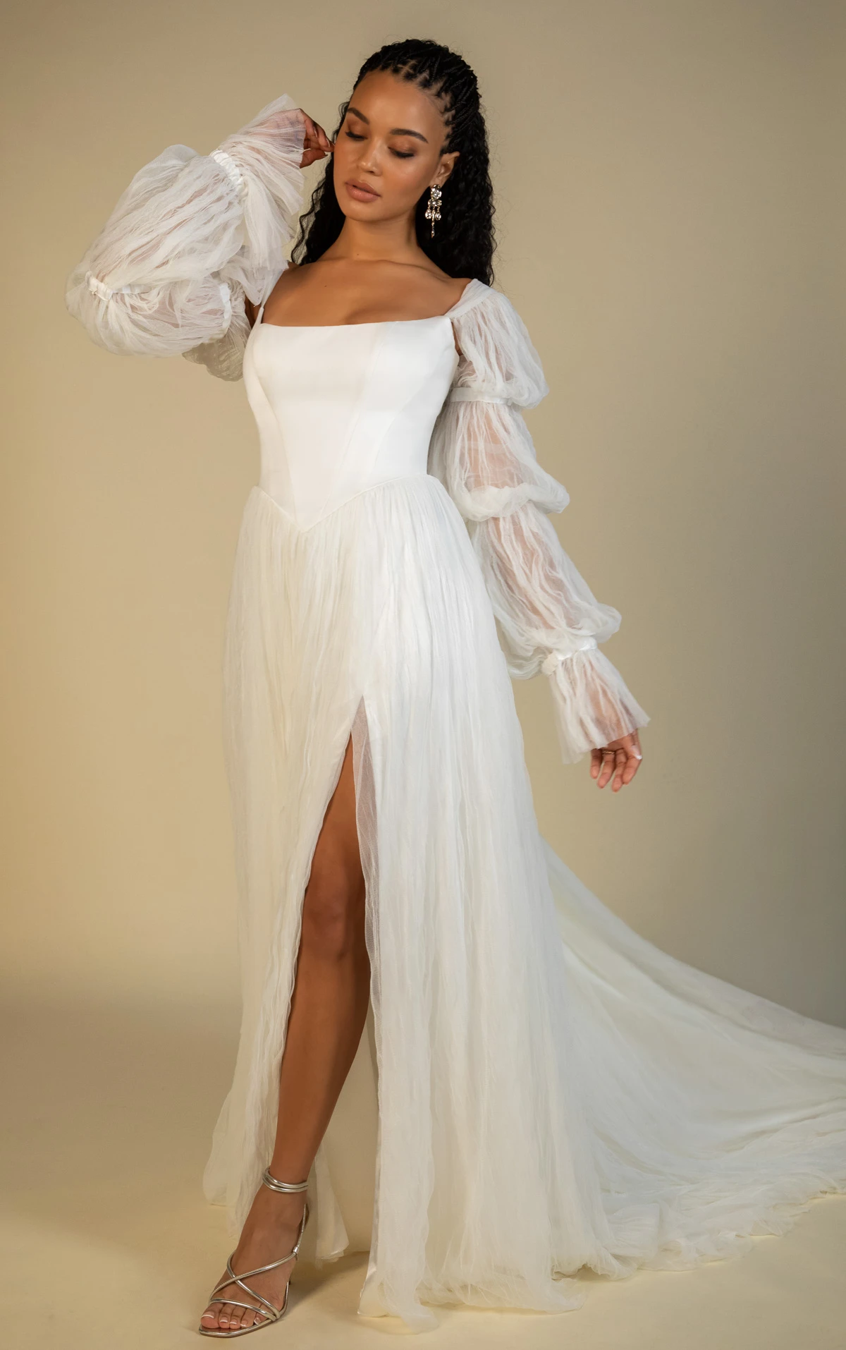 noah Square Neckline Belle Satin and Crushed French Tulle A-Line Wedding Gown with Detachable Bubble Sleeves  by All Who Wander