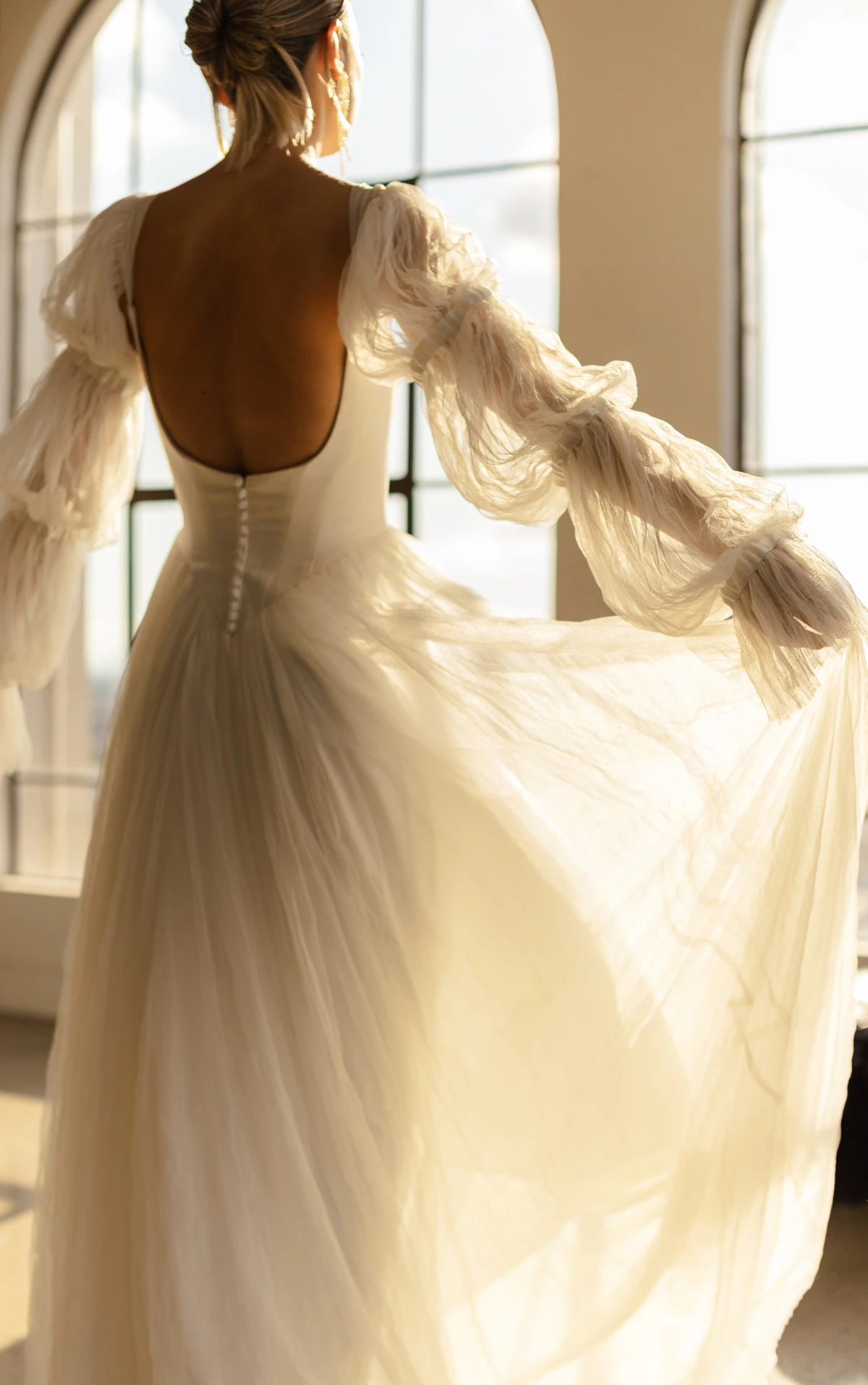 noah Square Neckline Belle Satin and Crushed French Tulle A-Line Wedding Gown with Detachable Bubble Sleeves  by All Who Wander