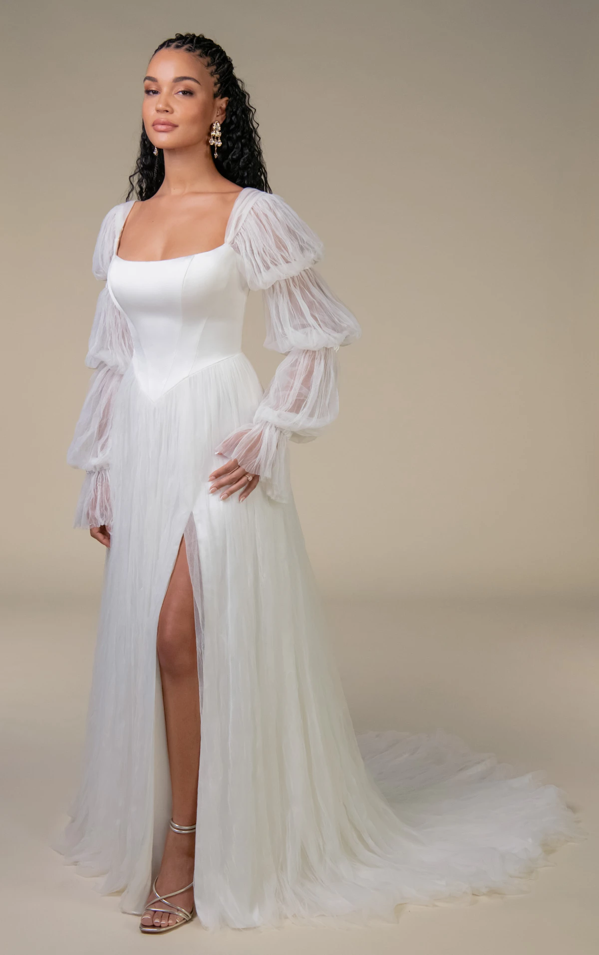 noah Square Neckline Belle Satin and Crushed French Tulle A-Line Wedding Gown with Detachable Bubble Sleeves  by All Who Wander