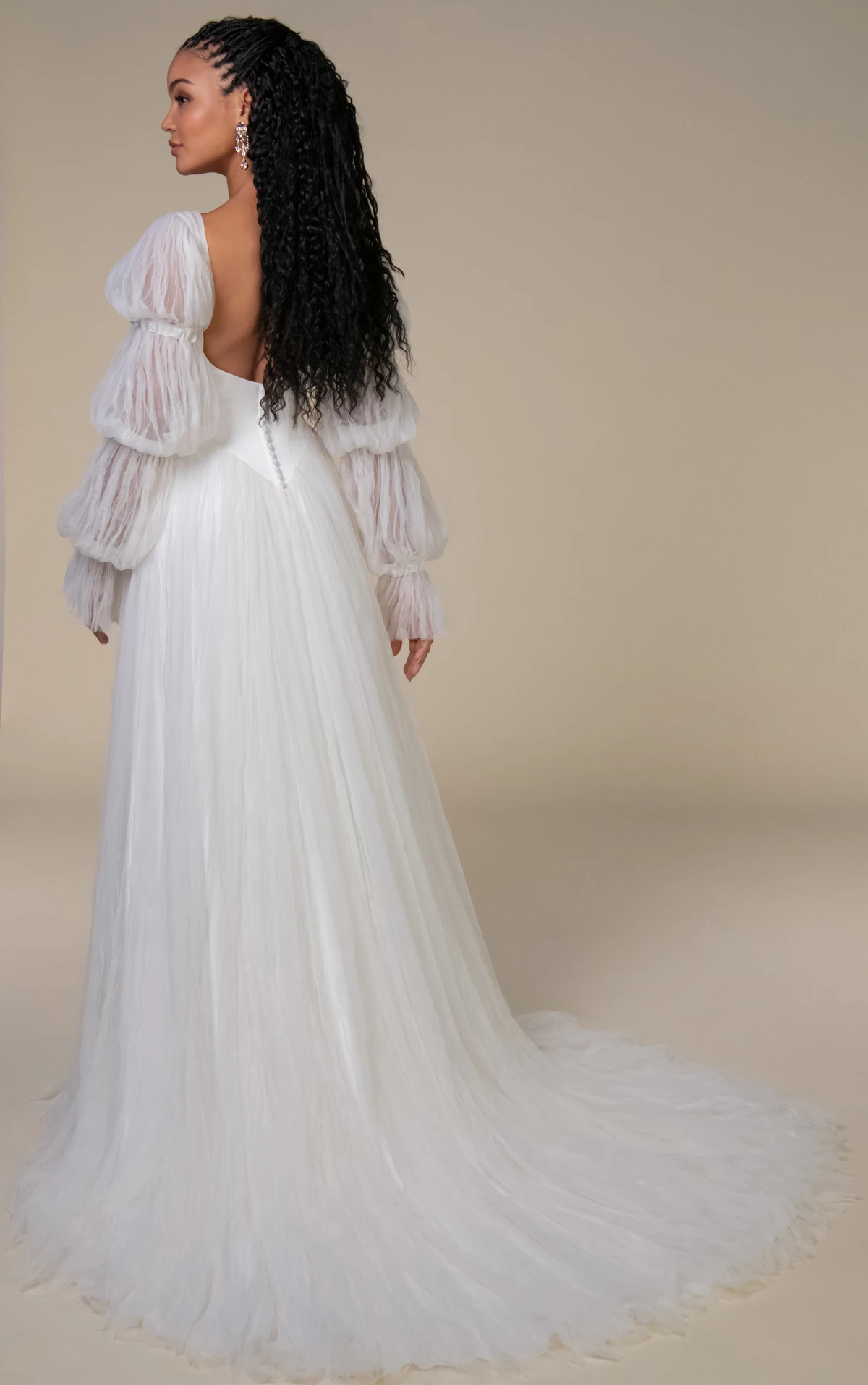 noah Square Neckline Belle Satin and Crushed French Tulle A-Line Wedding Gown with Detachable Bubble Sleeves  by All Who Wander